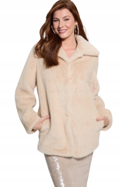 Guess Krátký Krémový Kožešinový Kožich S Dlouhým Rukávem XL Gmh