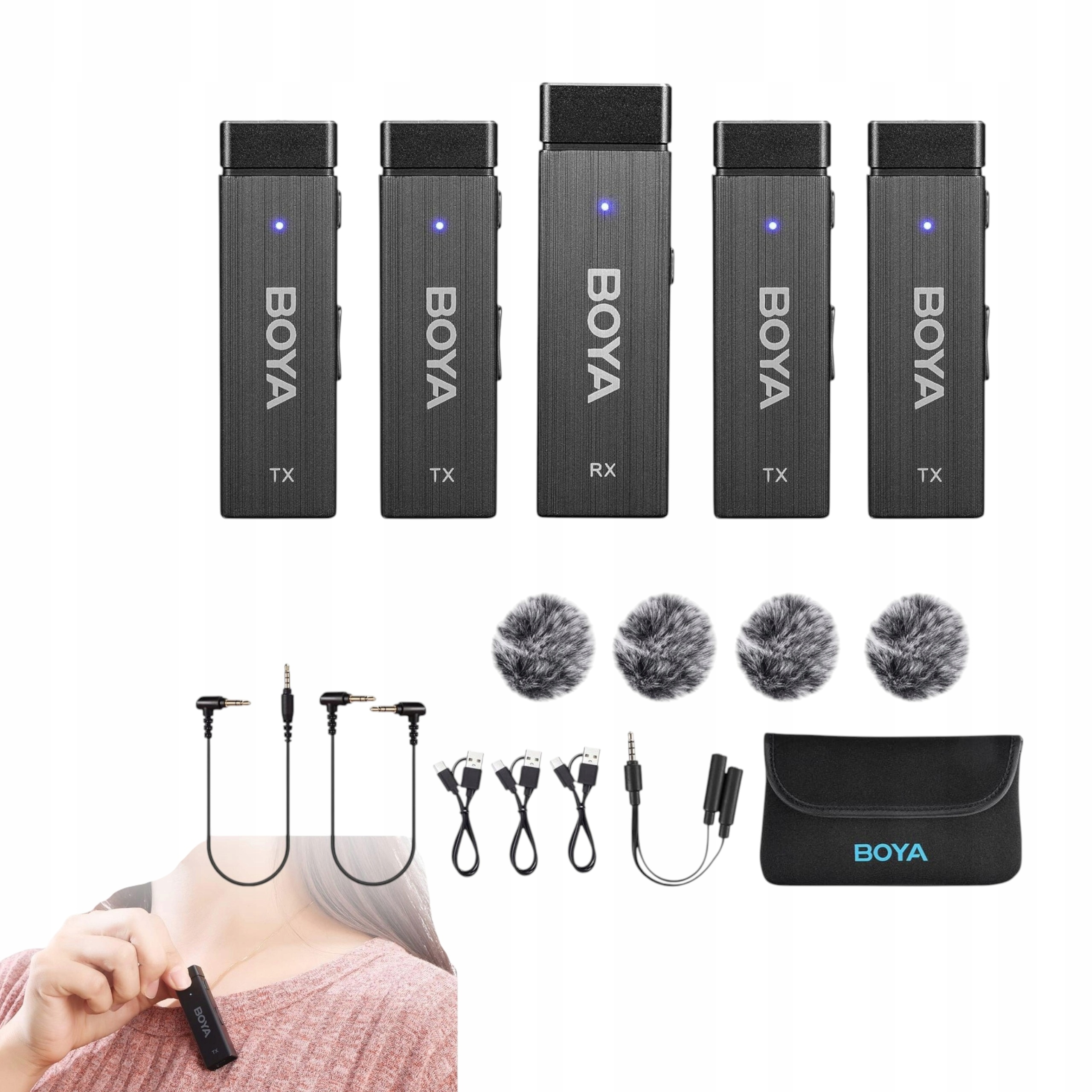 4x Bezdrátový mikrofonní systém 4 vysílačů/přijímačů 2,4 G Boya BY-W4