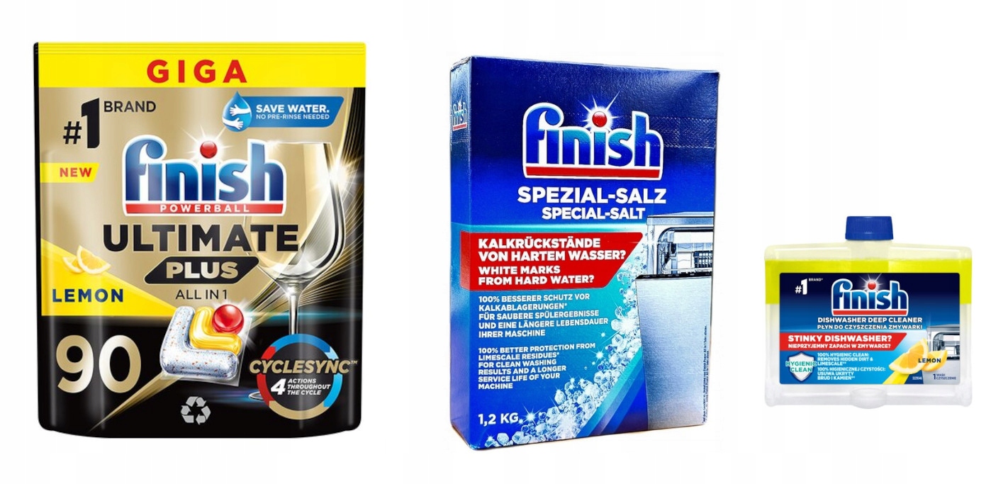 Finish Ultimate Plus Zestaw Kapsułki 90sz Sól 1,2kg Czyścik Lemon 250ml