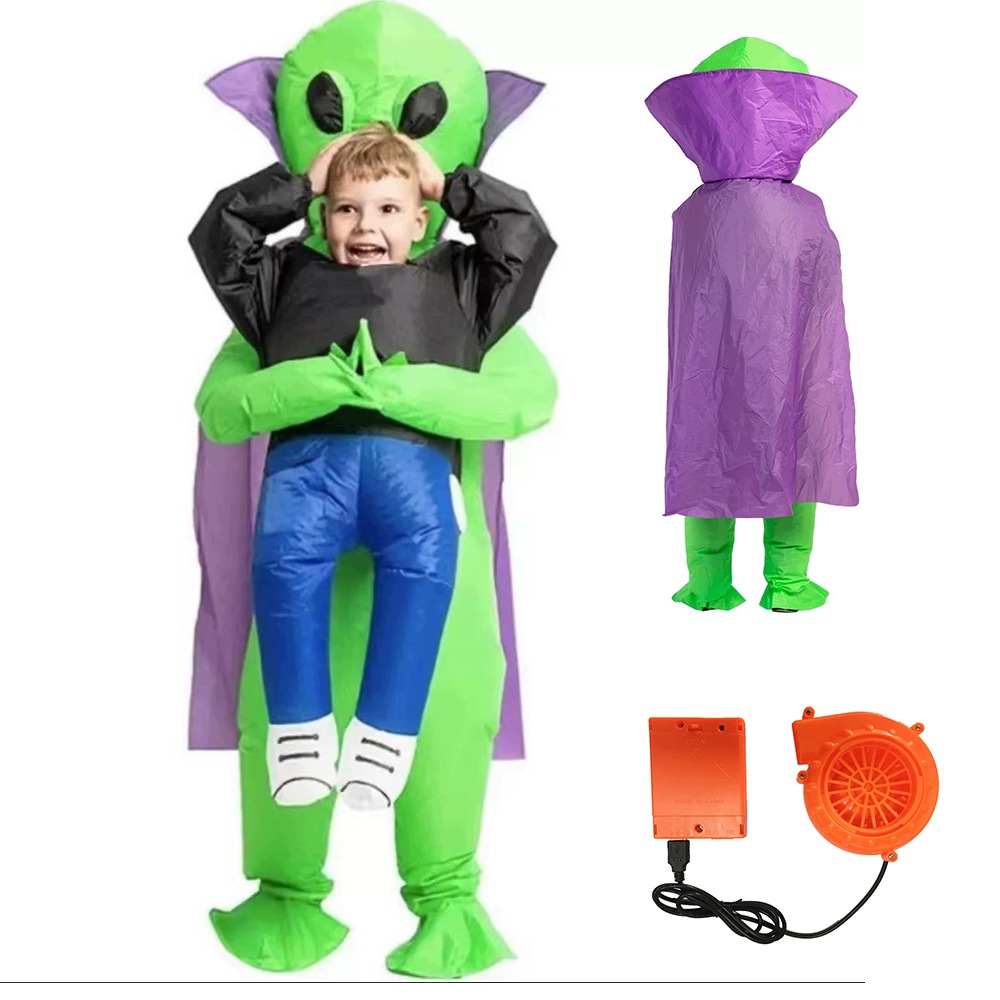 Nafukovací kostým mimozemšťana s fialovou pelerínou na Halloween a karneval