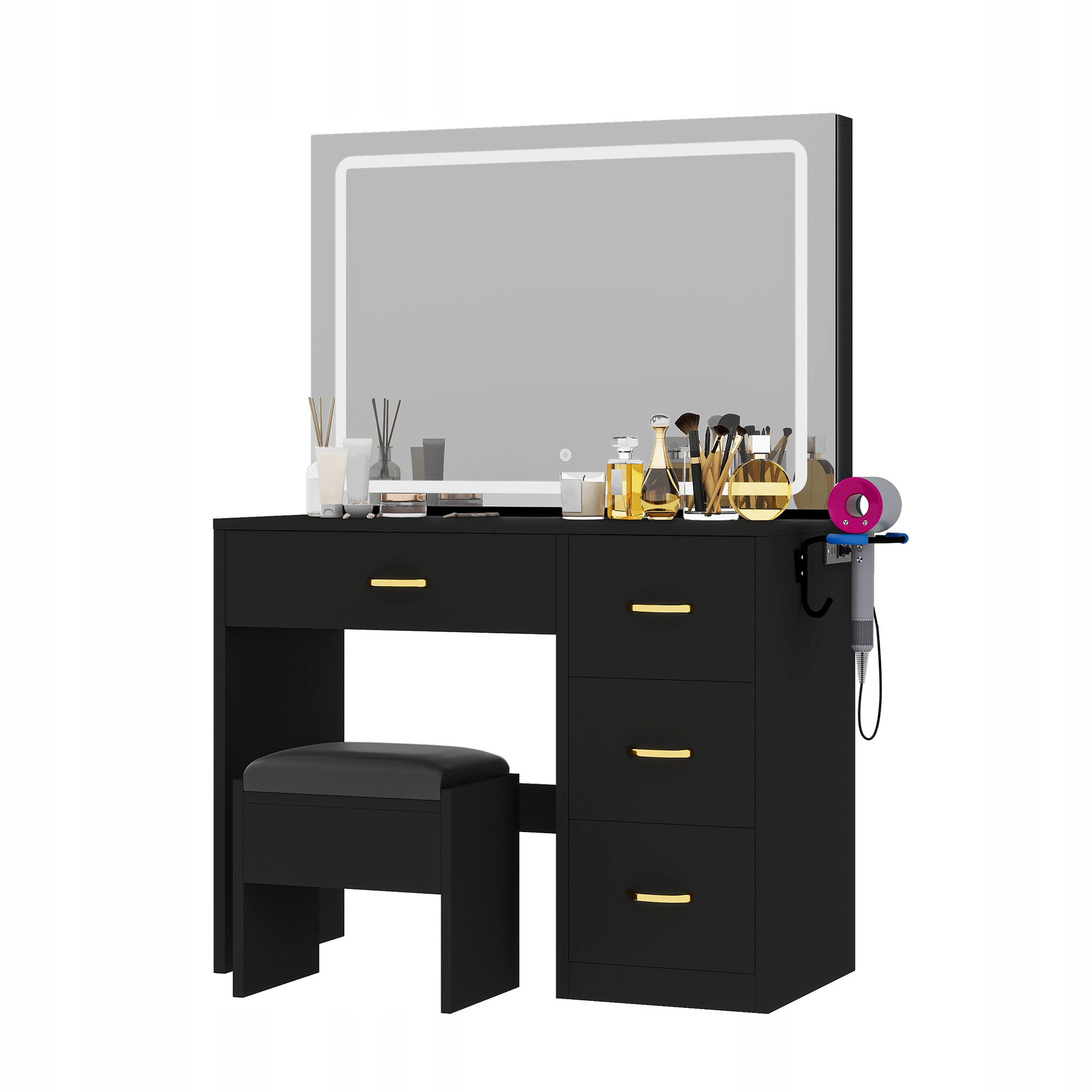 CZARNA TOALETKA Z DUŻYM lustrem LED + taboret i 4szuflady