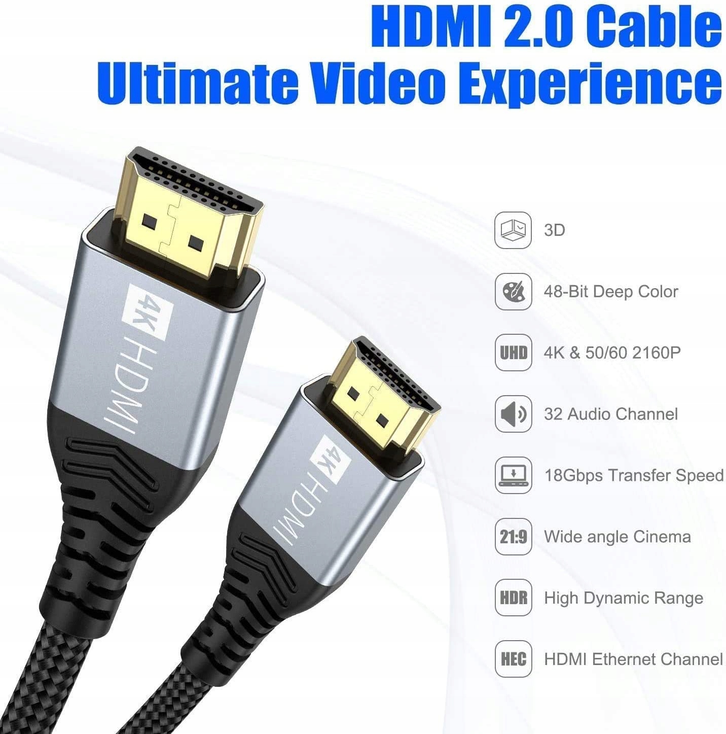 KABEL HDMI 4K UHD 3D HDR 18Gb/s Pozłacany NYLON 2m Standard HDMI 2.0