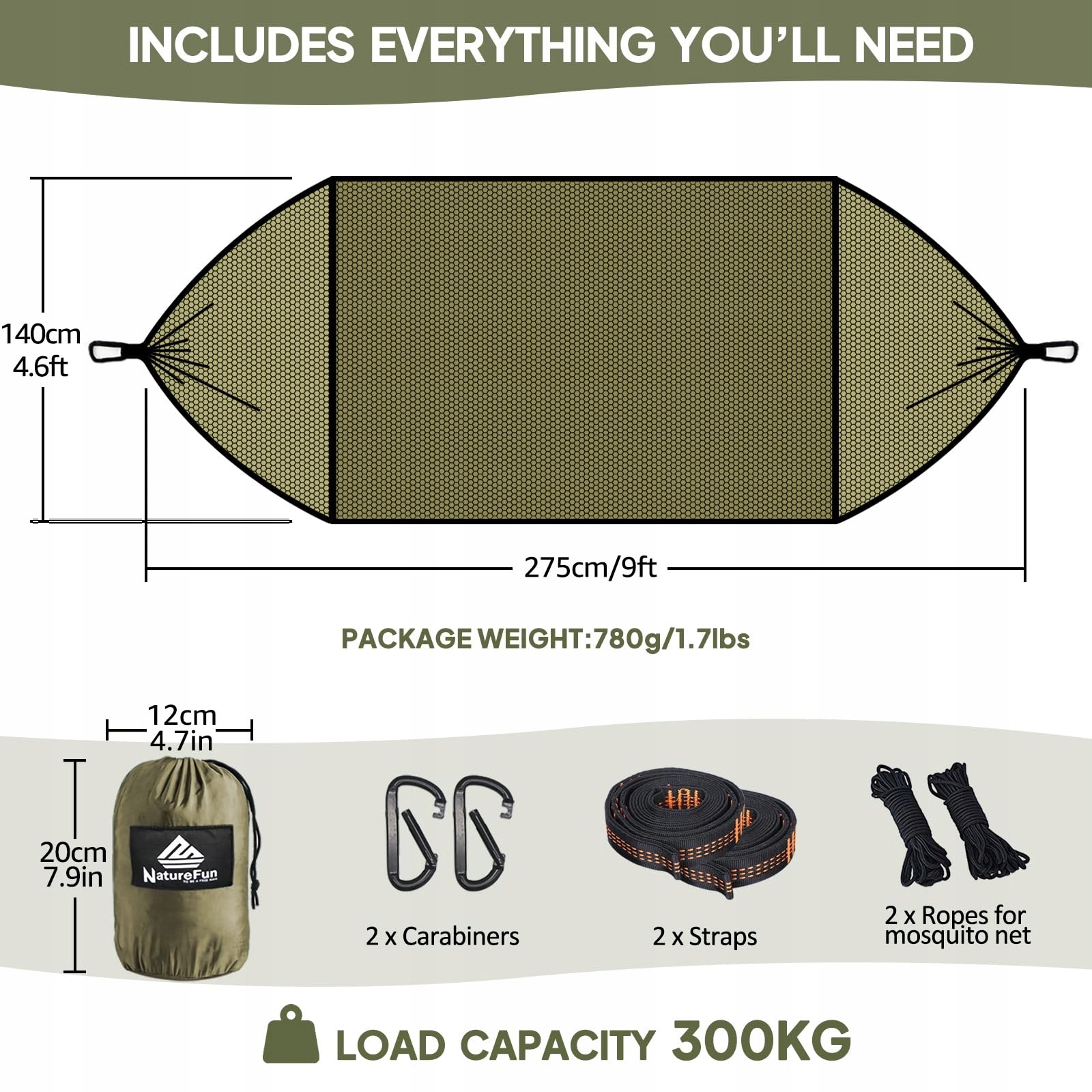 NATUREFUN Ultralekka Moskitiera Hamak Campingowy 300kg Nylon 275x140 — miniatura 3