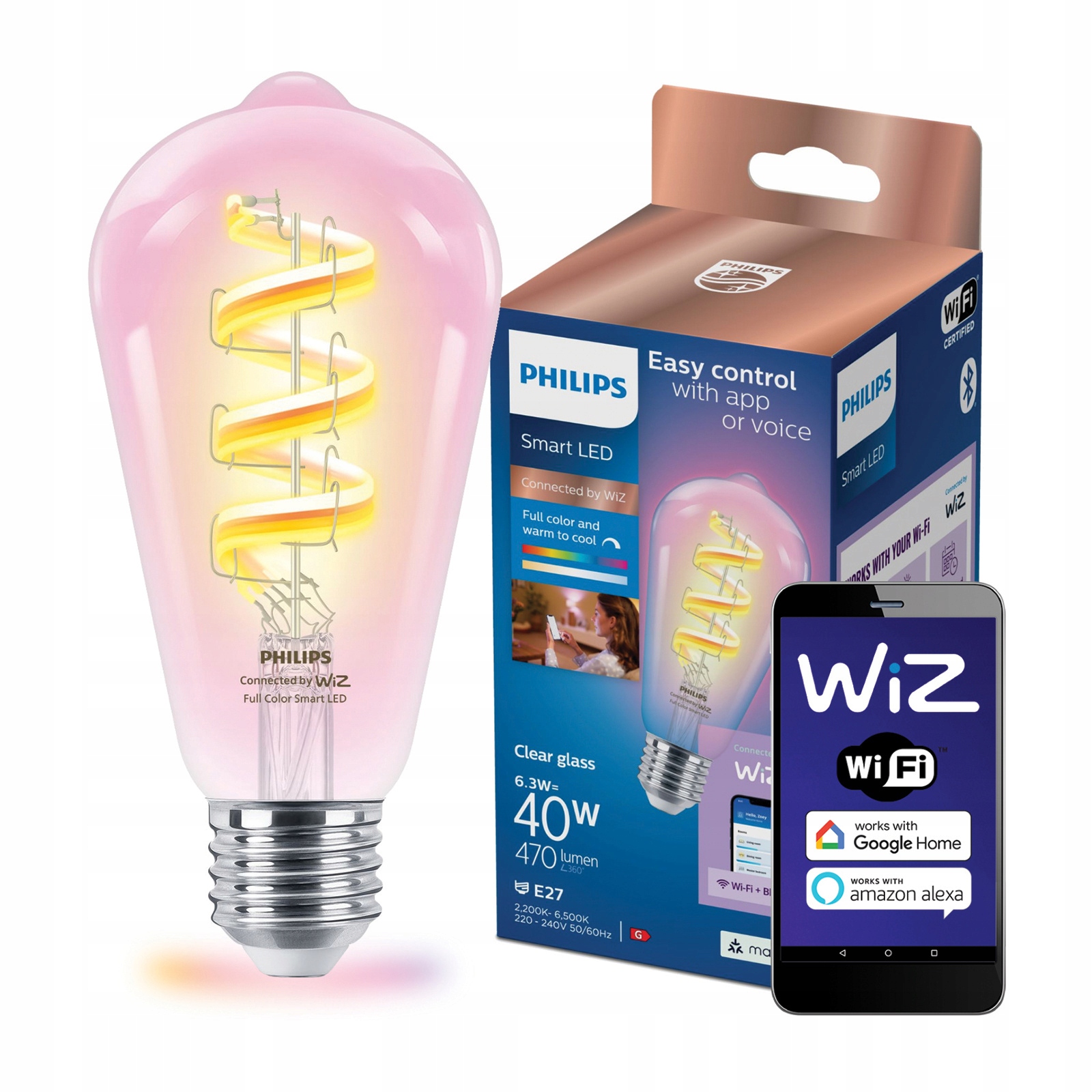 Led žárovka E27 ST64 6,3W 40W Cct Rgb Filament Smart WiFi Philips WiZ