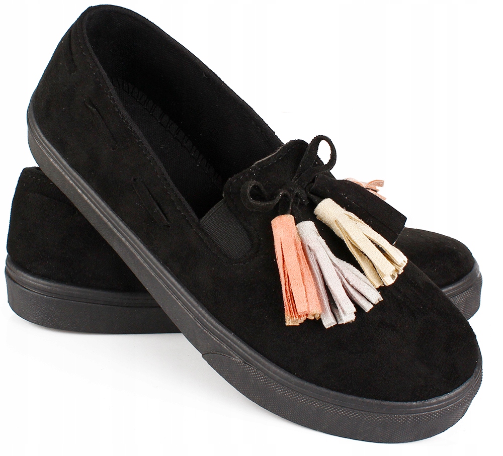 

Mokasyny frędzle zamsz Slip On welurowe czarne 41