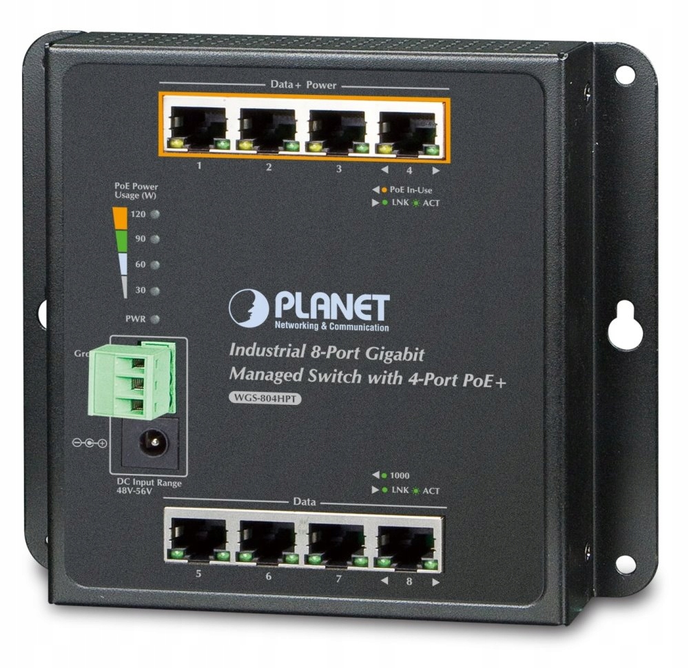 Planet WGS-804HPT nástenný PoE switch 8x1000B-T, 4x PoE Ieee 802.3at
