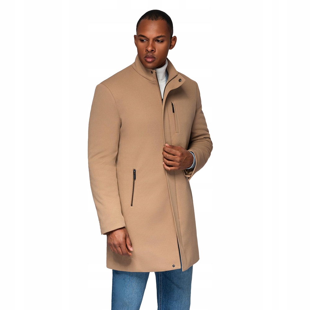 Strukturovaný pánský kabát slim fit světle hnědý V4 OM-COWC-0136 vel. L