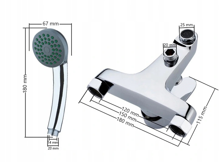 BATERIA WANNOWA PRYSZNICOWA ŚCIENNA KRAN DO WANNY DO KABINY PRYSZNICOWEJ Kolor chrom