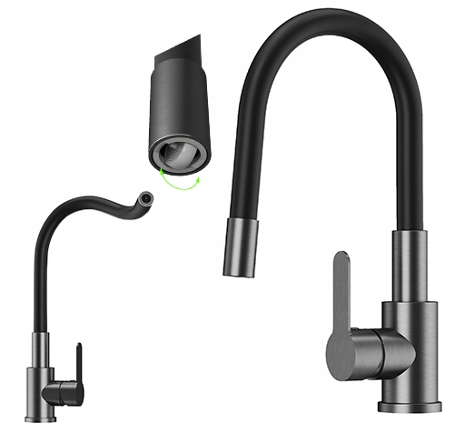 Kuchynská batéria s flexibilným výtokom gun grey Grado Plus, otočný perlátor
