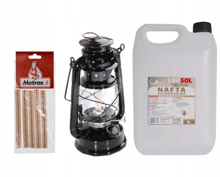

Zestaw: Lampa naftowa czarna, knoty, nafta 5 l