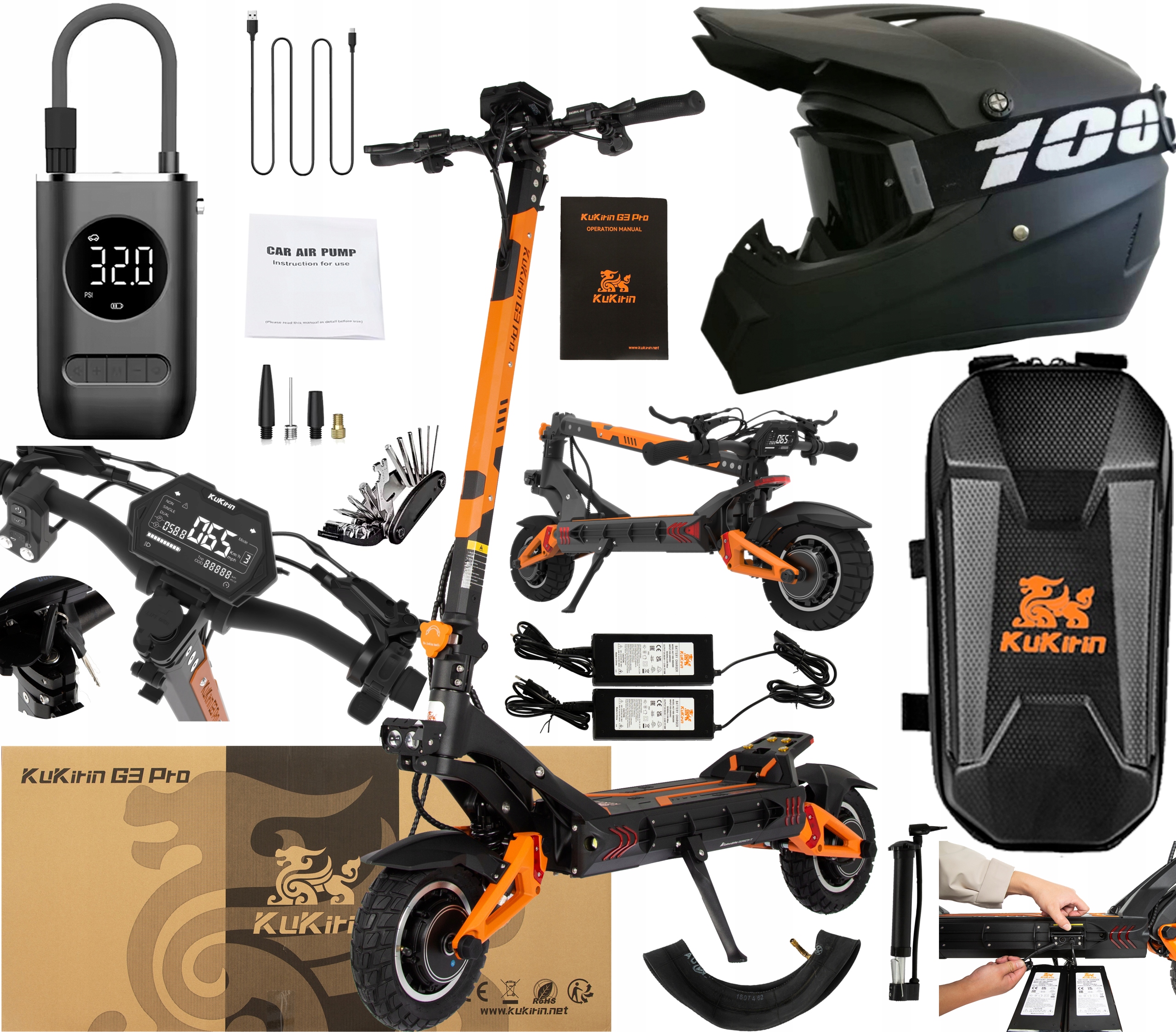 Kukirin G3 Pro Skládací 3000W 52V 23.4AH 65km/h 80KM 10" Terénní +Dárek7
