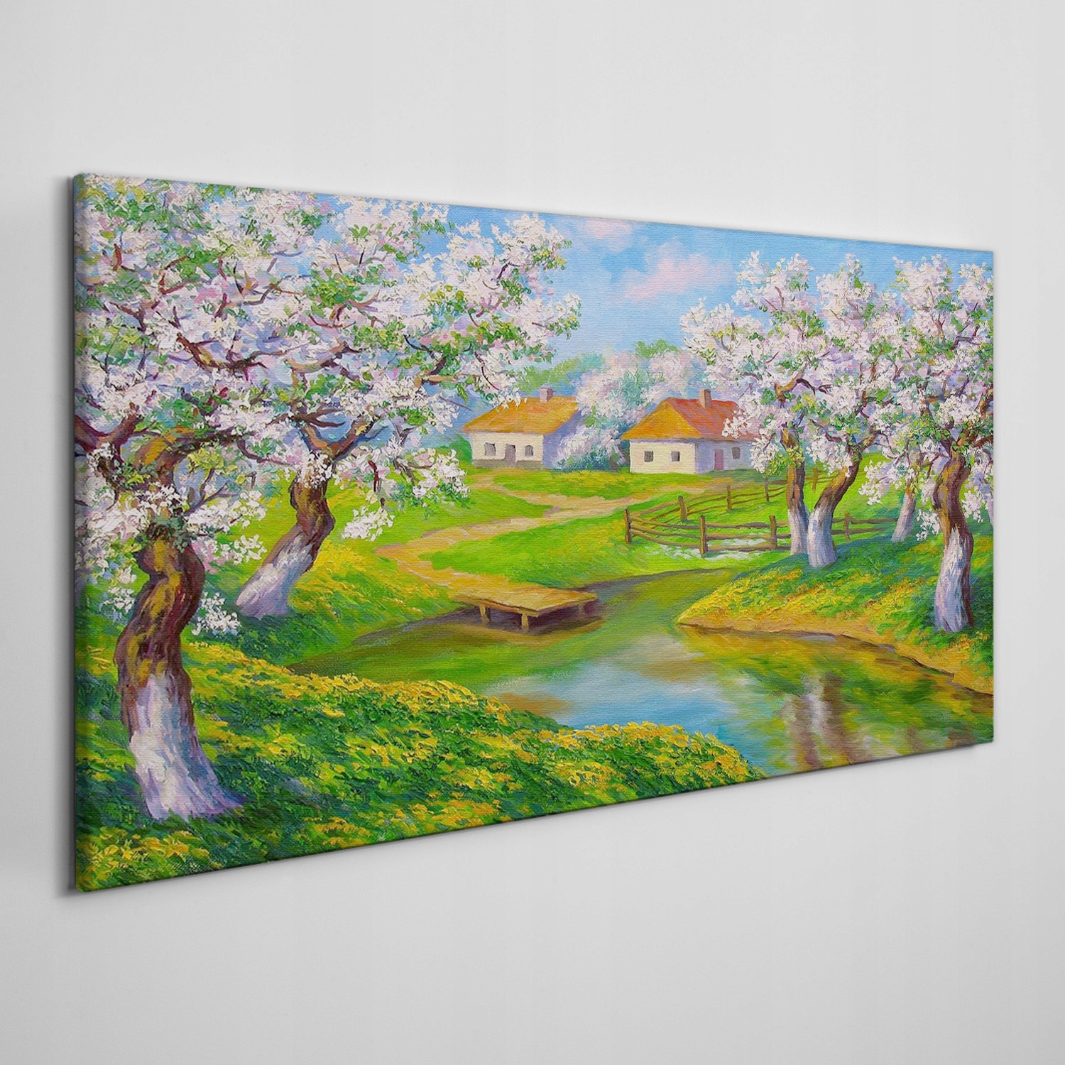 

Obraz na płótnie Wieś drzewa kwiaty woda 120x60 cm