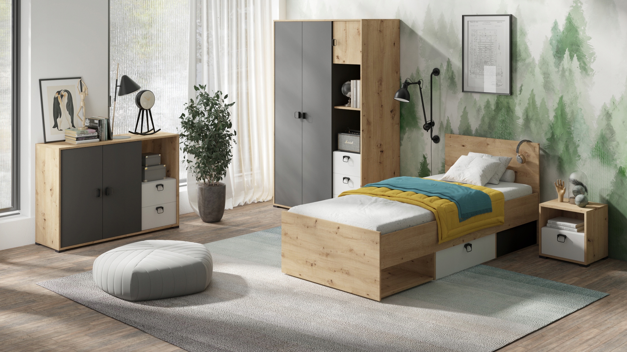 Stolik nocny Kevin 9 40x43x35 dąb artisan/grafit/biały, system młodzieżowy Marka Jurek Meble