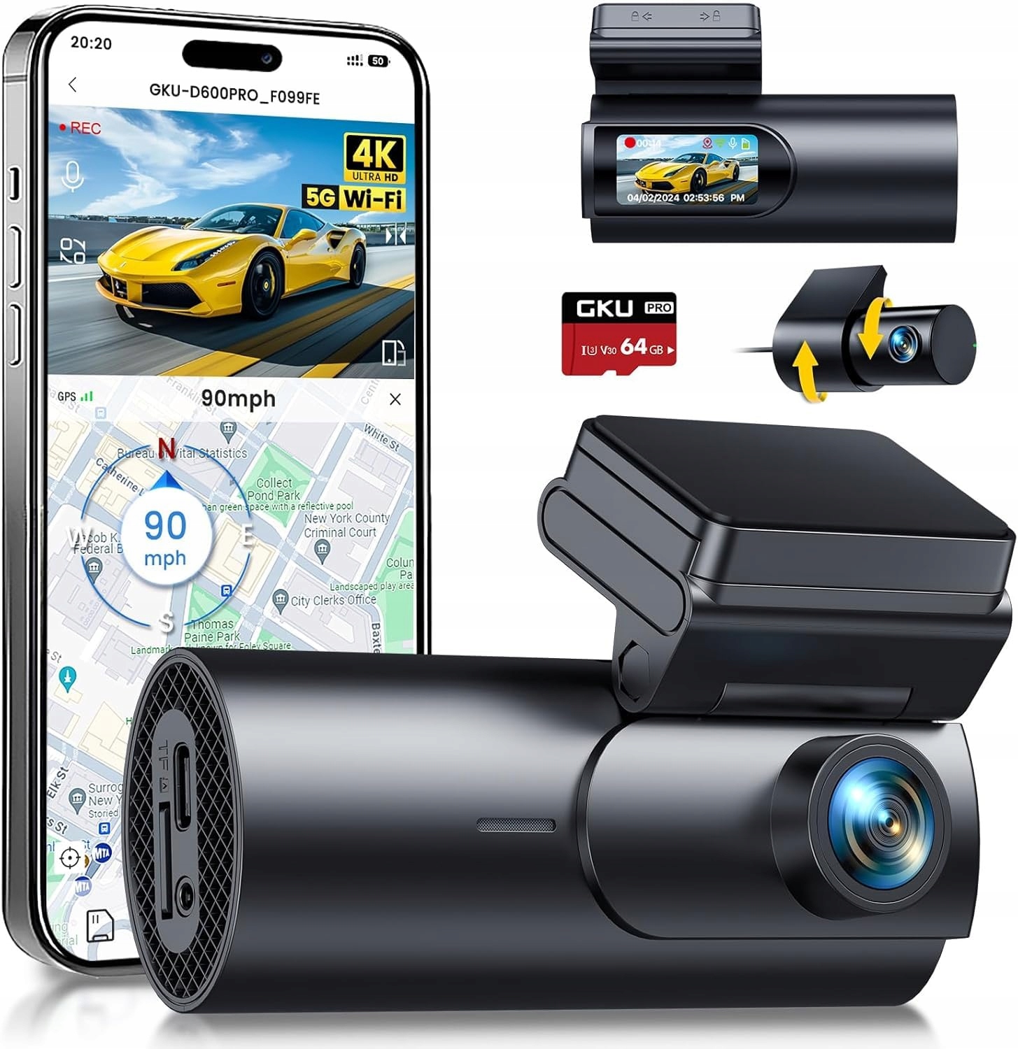 GKU Kamera Samochodowa 4K Przód Tył WiFi GPS 64GB Super Nocny Widok — miniatura 2