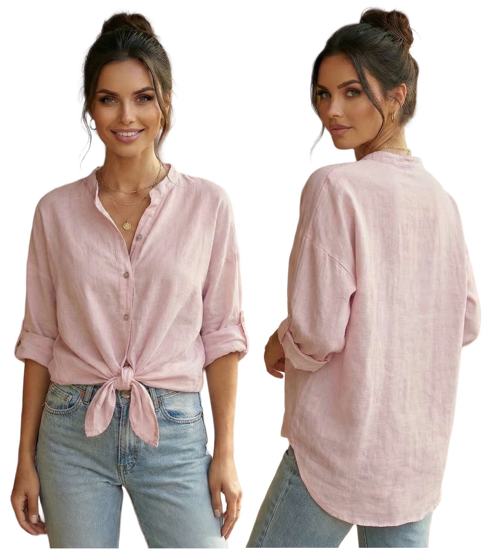 Bluzka Damska Różowa Bawełna Przewiewna Koszula Boho Wiązana Mujea