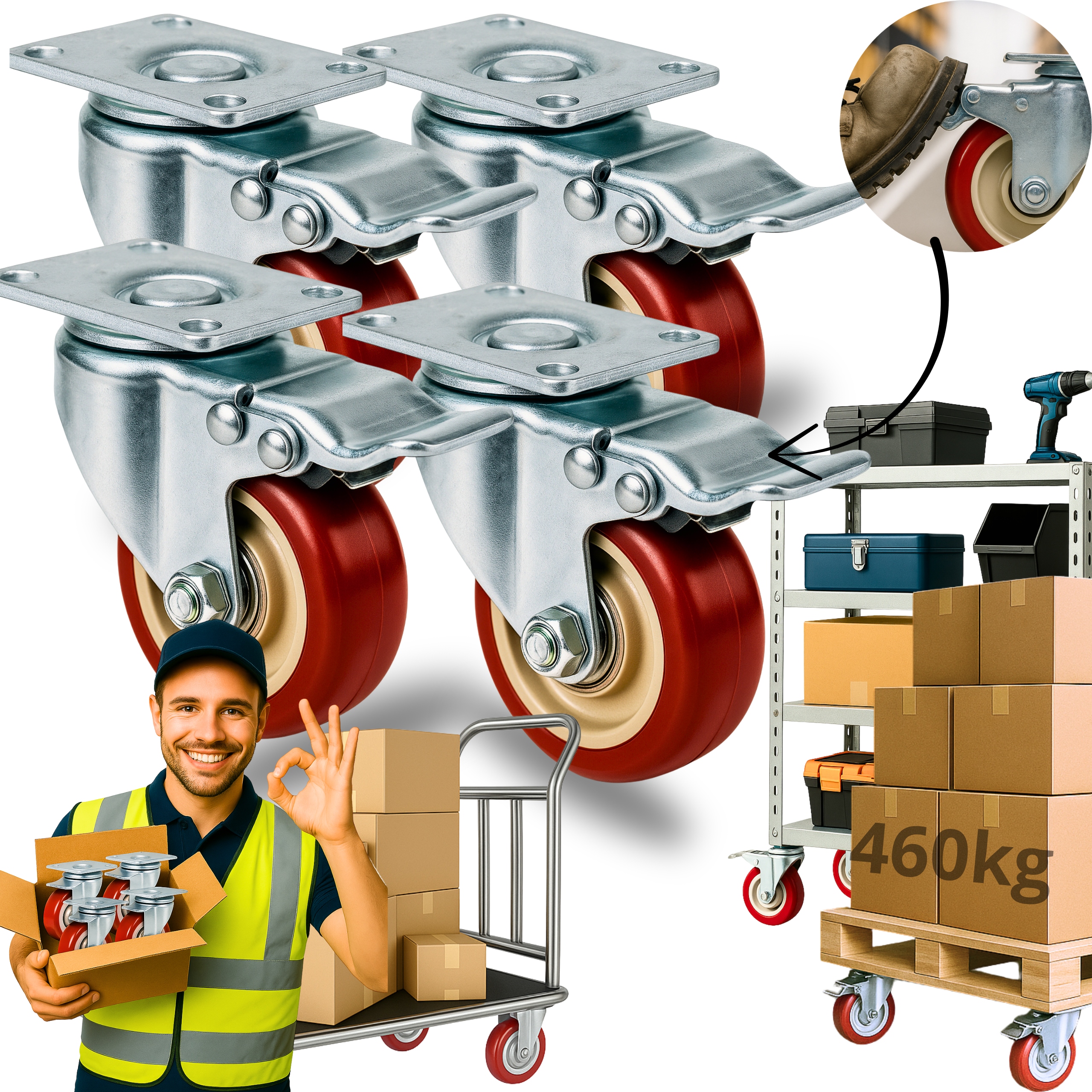 Otočná Kolečka 75 mm Průmyslová S Brzdou Set 4ks do 460 kg Polyuretan