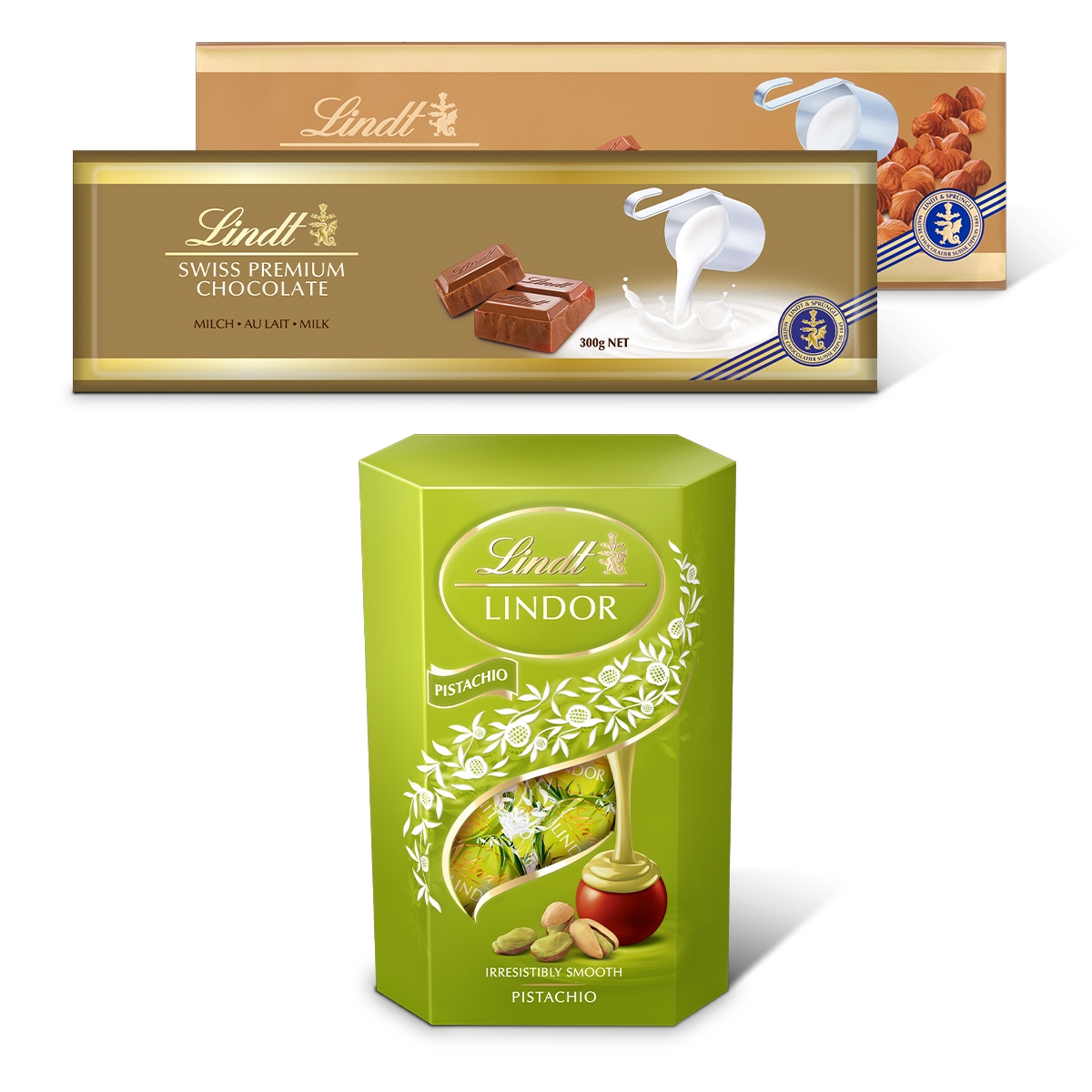 Lindt Swiss czekolada 2x300g i praliny pralinki Lindor pistacjowe 200g
