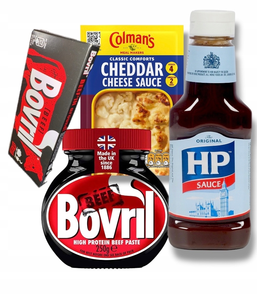 ** Zestaw Z Uk ** Sos Hp Brown Sauce Bovril 250g+ Colman’s Cheddar+kostki