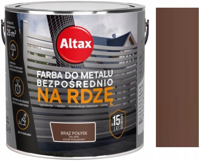 Altax Farba Do Metalu Na Rdzę Ogrodzenia Płoty Ral 8016 Brąz Połysk 2.5L