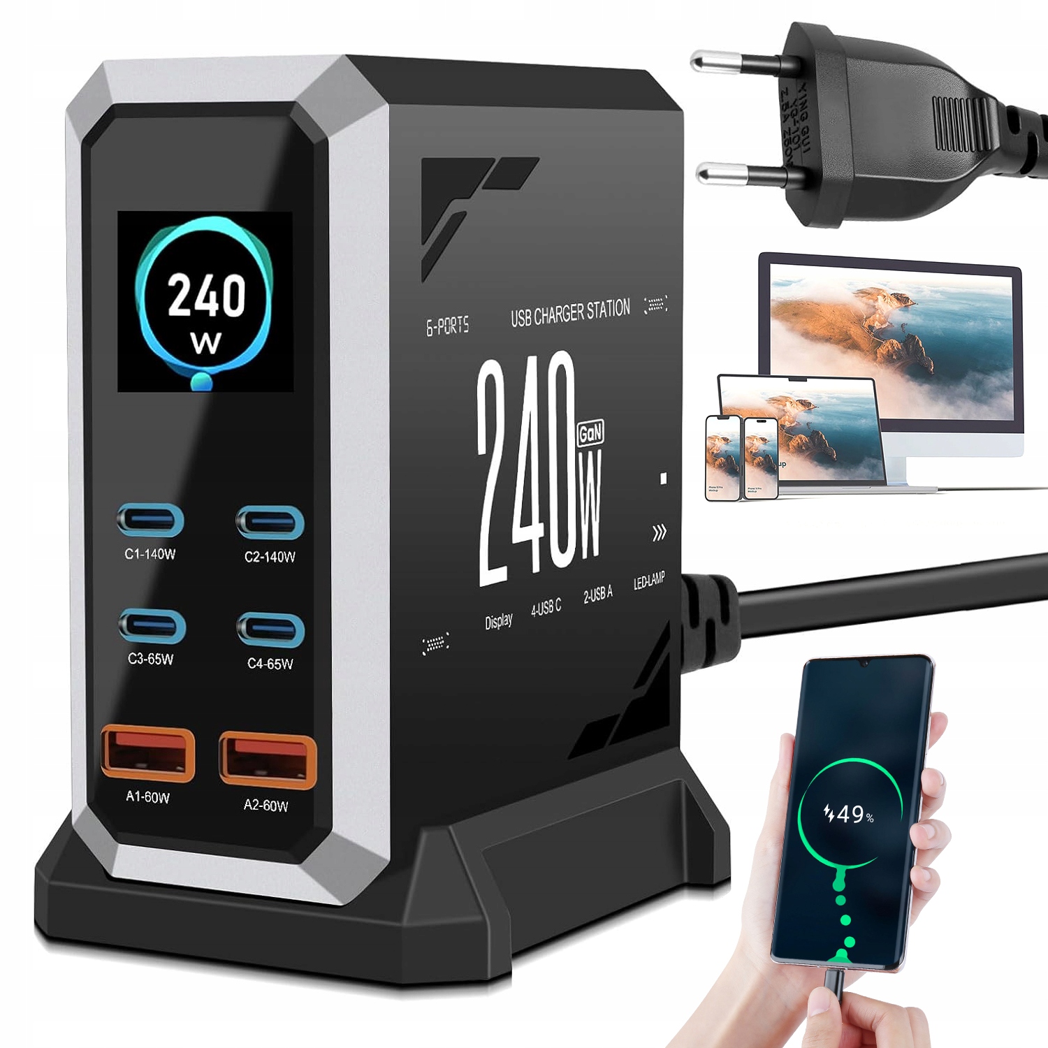 Ładowarka Gań 240W 6 Portów Ultra Szybkie Ładowanie Kabel Eu 1,2M