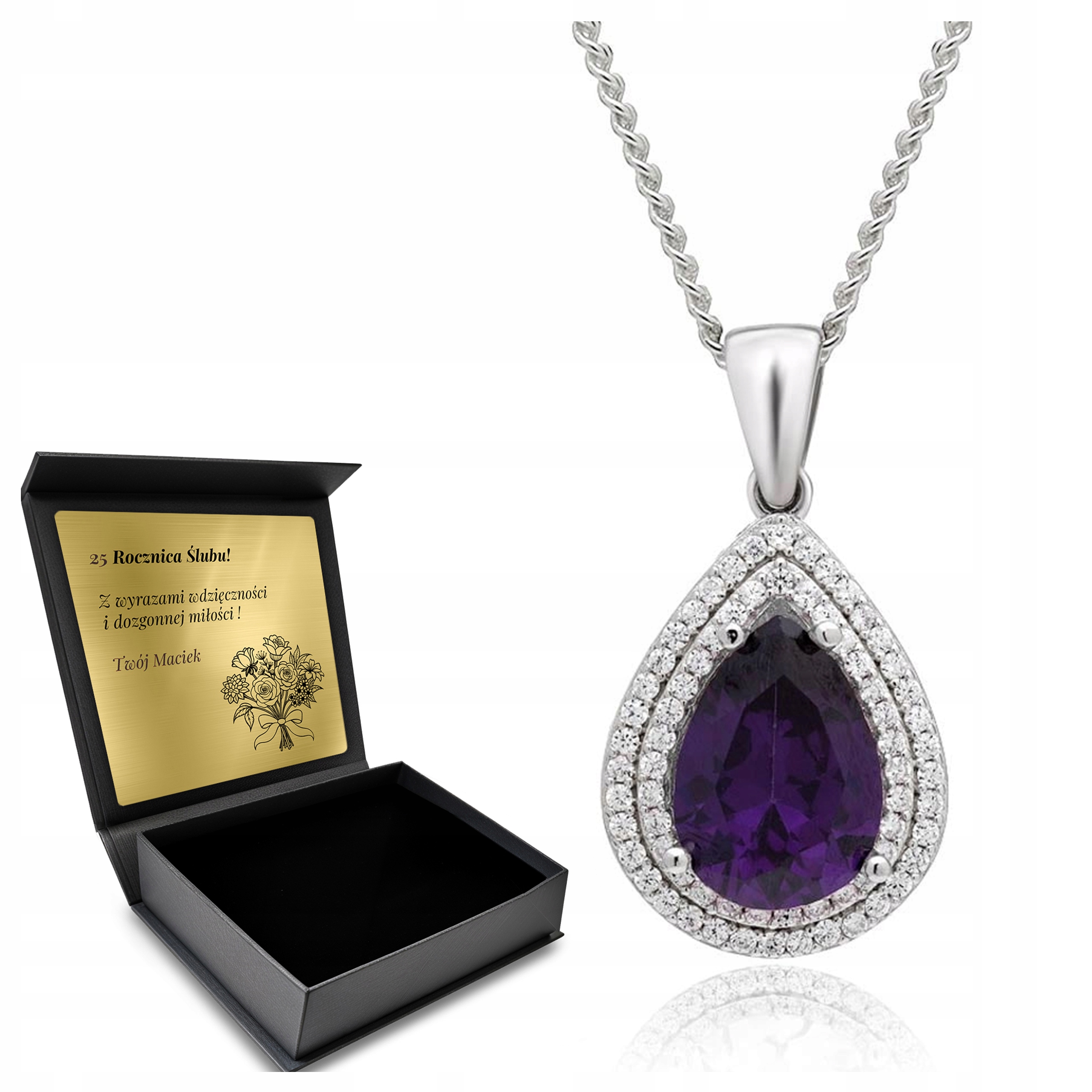 Stříbrný Náhrdelník 925 Zirkony Ametyst Dárek pro ženu Gravírování Bonus