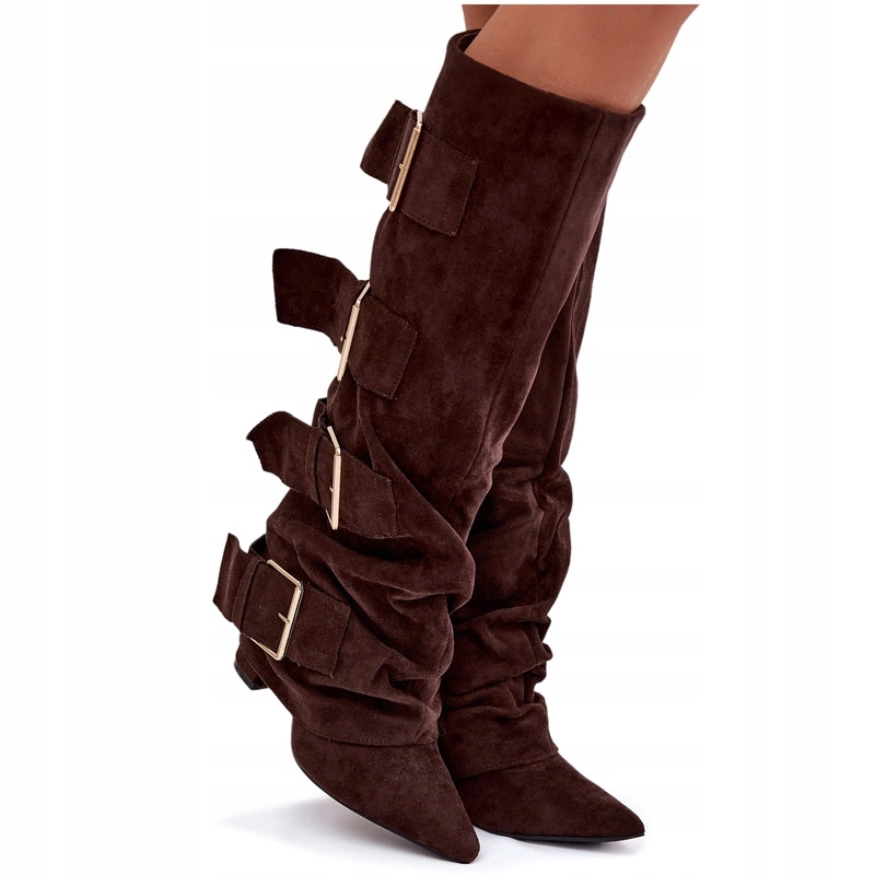 Kozačky Eko Semiš Zlaté Spony Sloupek Vyhrnutý Svršek Čokoládový 38