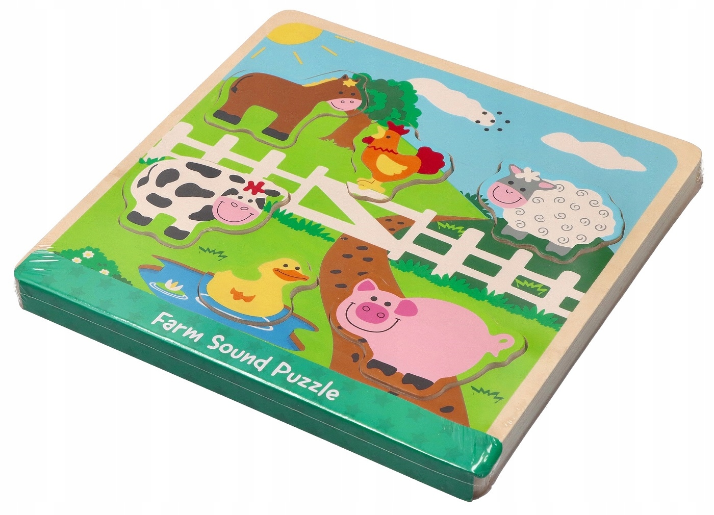 UKŁADANKA DŹWIĘKOWA DREWNIANA FARMA MUZYCZNA DLA ROCZNEGO DZIECKA Wysokość produktu 22 cm