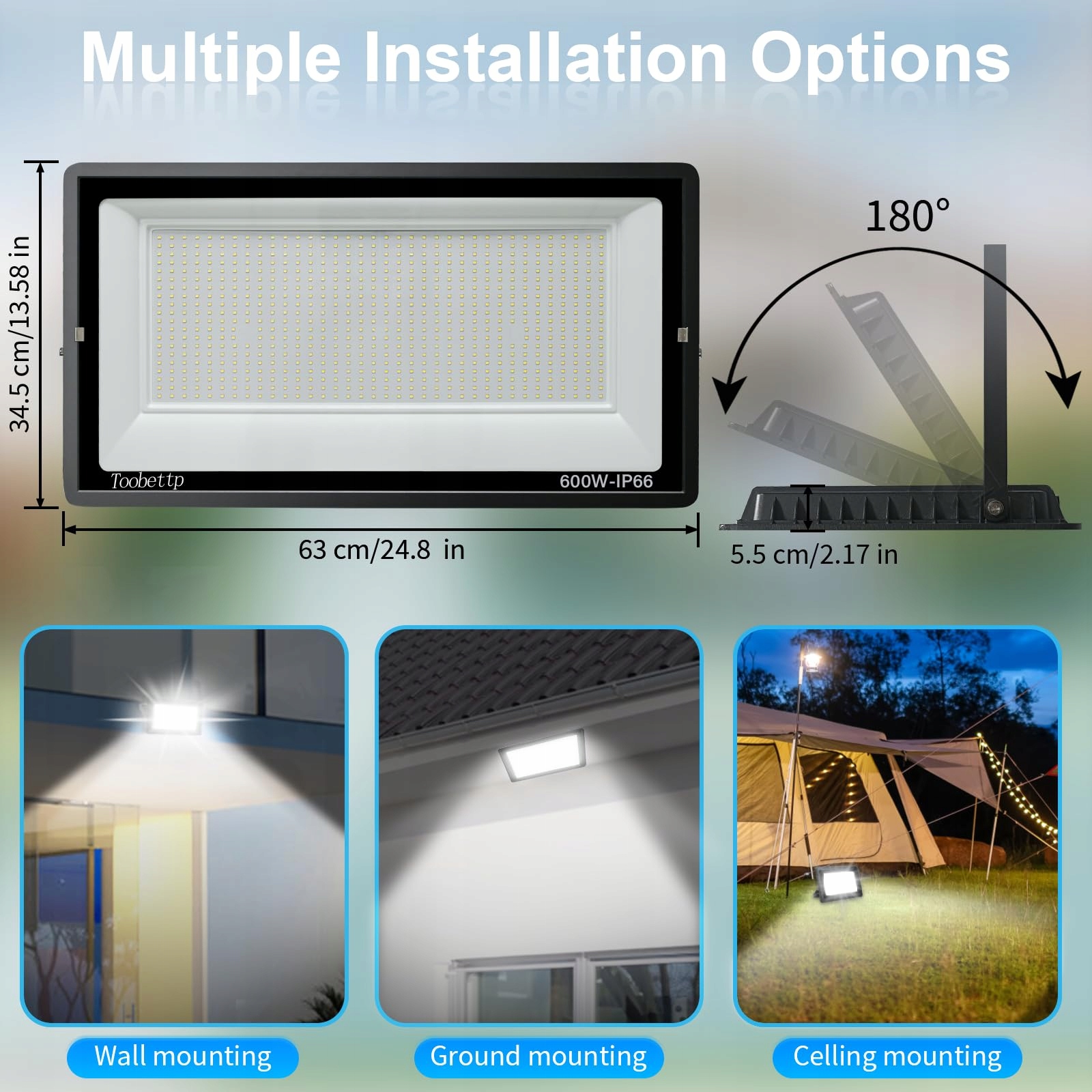 Reflektor LED Wodoodporny Do Ogrodu Garażu 600W IP66 6500K TOOBETTP — miniatura 4