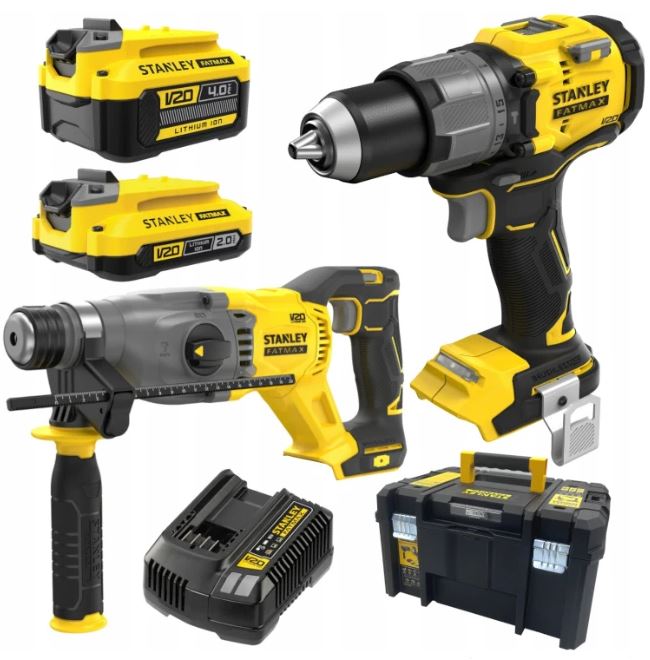 Zestaw Stanley V20 Wkrętarka SFMCD726 Młot Sds+ SFMCH900 2xAku