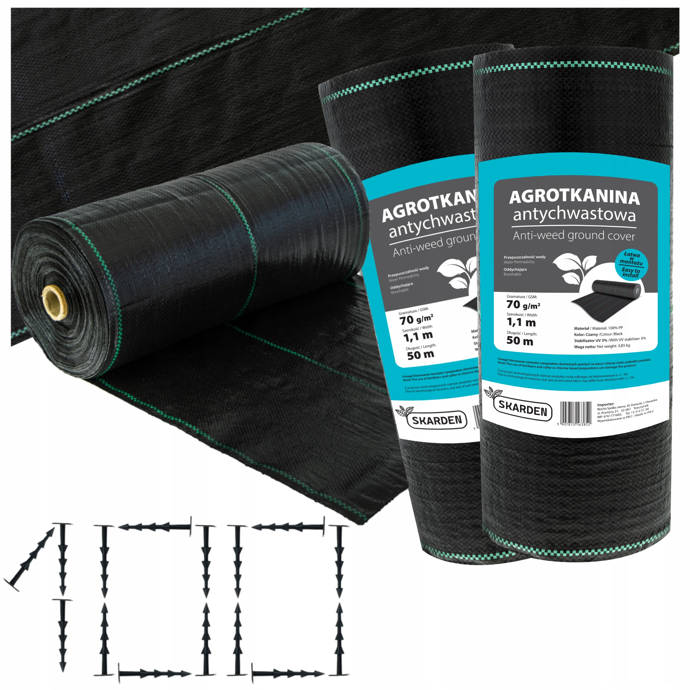 Agrotkanina agrowłóknina antychwastowa czarna 70g 1,1x100m Uv 3 mocne kotwy
