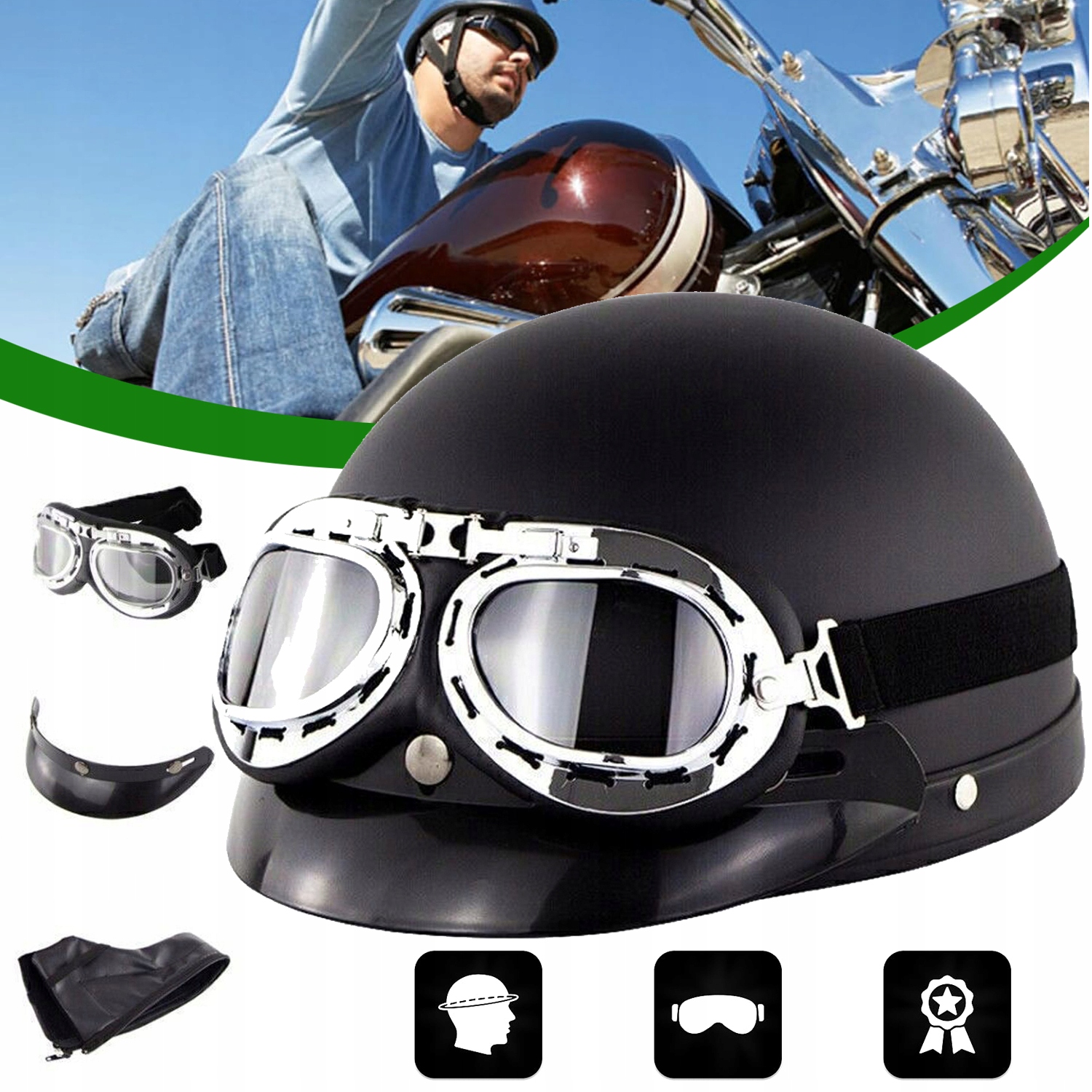 KASK MOTOCYKLOWY Z GOGLAMI OCHRONNYMI, KASK NA SKUTER, MOTOROWER, CHOPPER