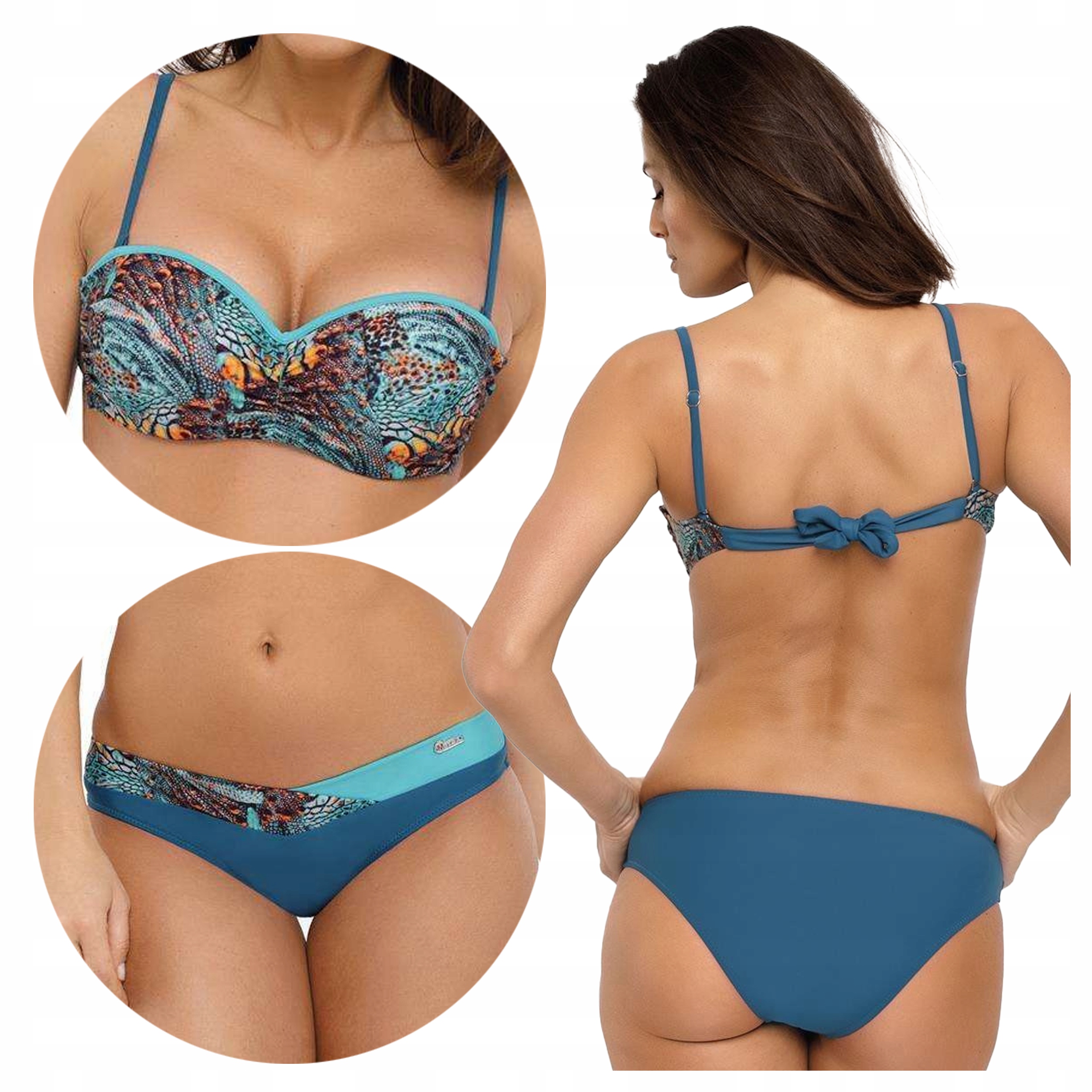 Vzorovaný dvoudílný push-up plavkový kostým Bardotka Margie Tyrkysová XL