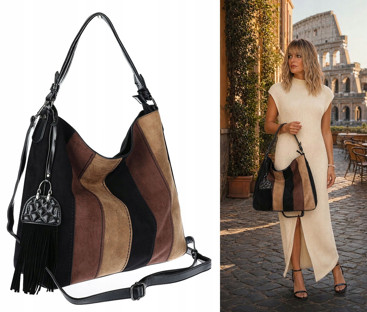 Dámská shopper kabelka, semišová taška s boho střapci přes rameno MC797 Černá