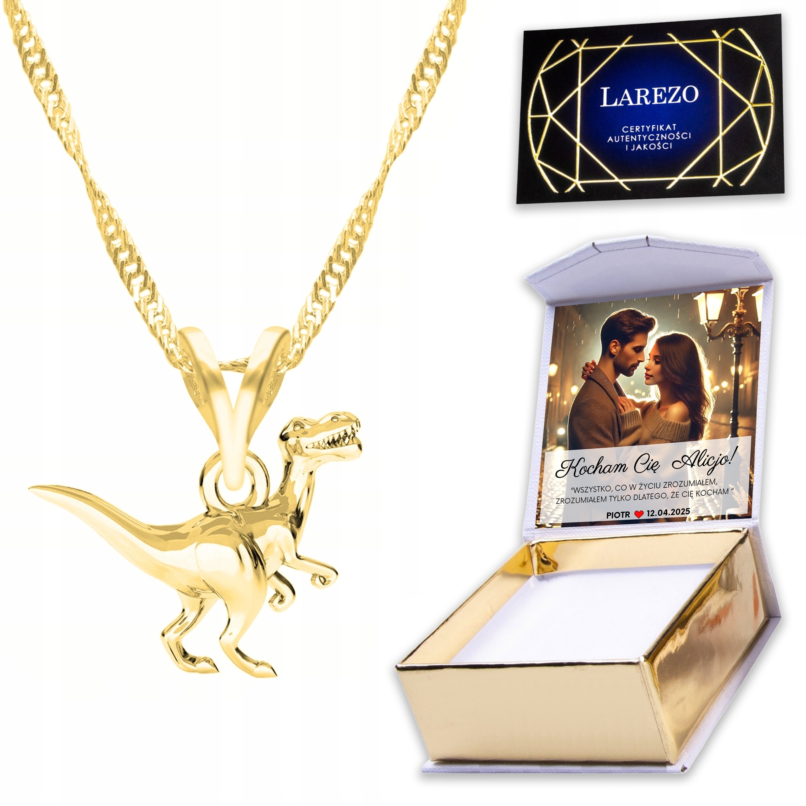 Zlatý náhrdelník 925 s dinosaurem T-Rexem Dinosaurus Příšera Dino Dinuś Potisk
