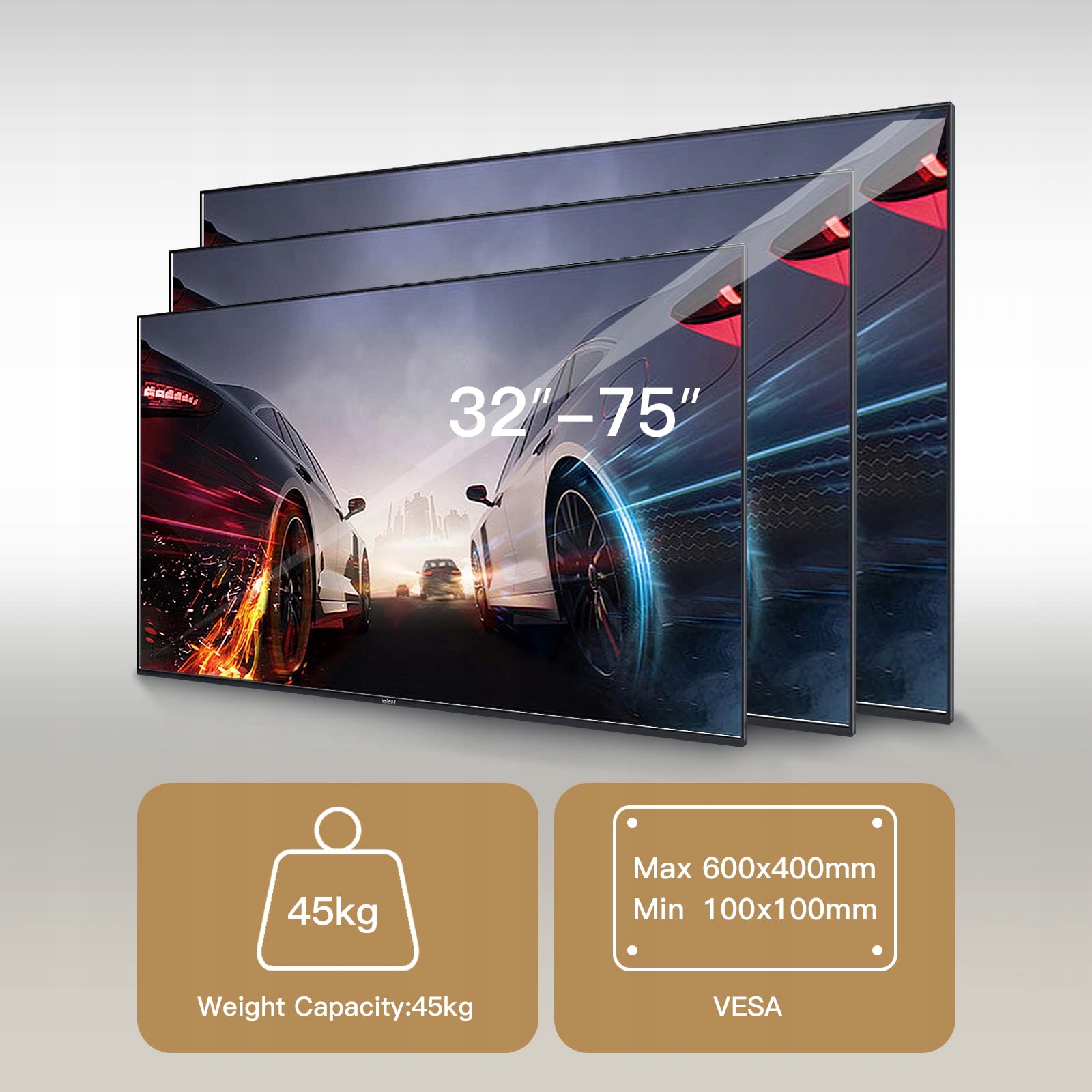 WHYFONE Uchwyt TV Ścienny 32-70 Cal Neigany Obrotowy Do 45kg VESA 600x400 — miniatura 7