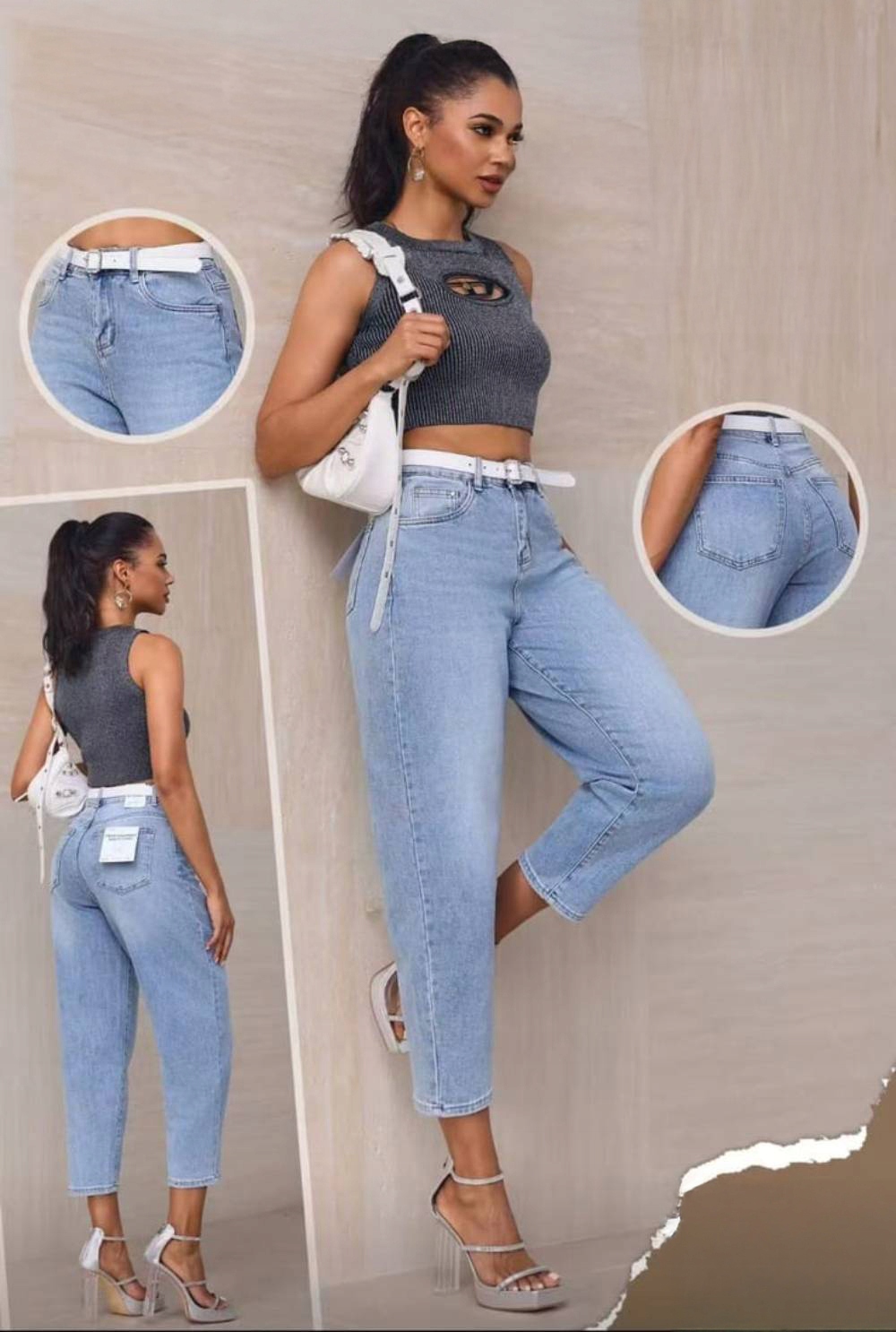 M. Sara Jeansy Damskie Pasek Szersza Nogawka Niebieskie Błękitne