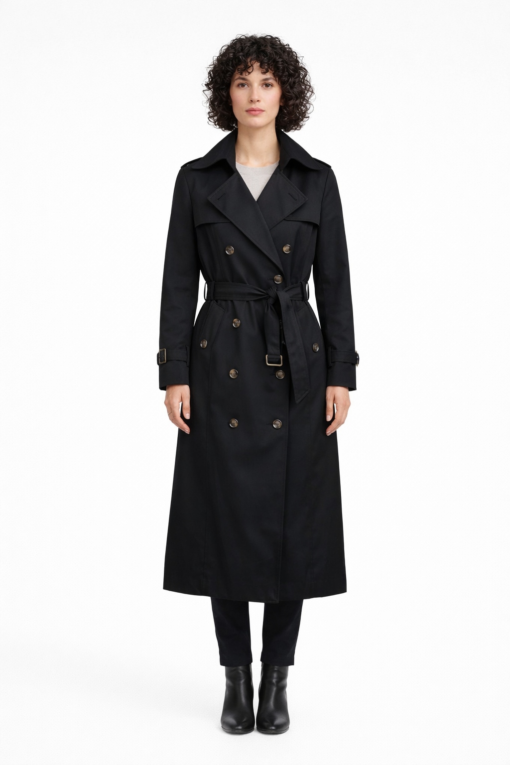 Černý Dvouřadý Kabát S Páskem S I4A