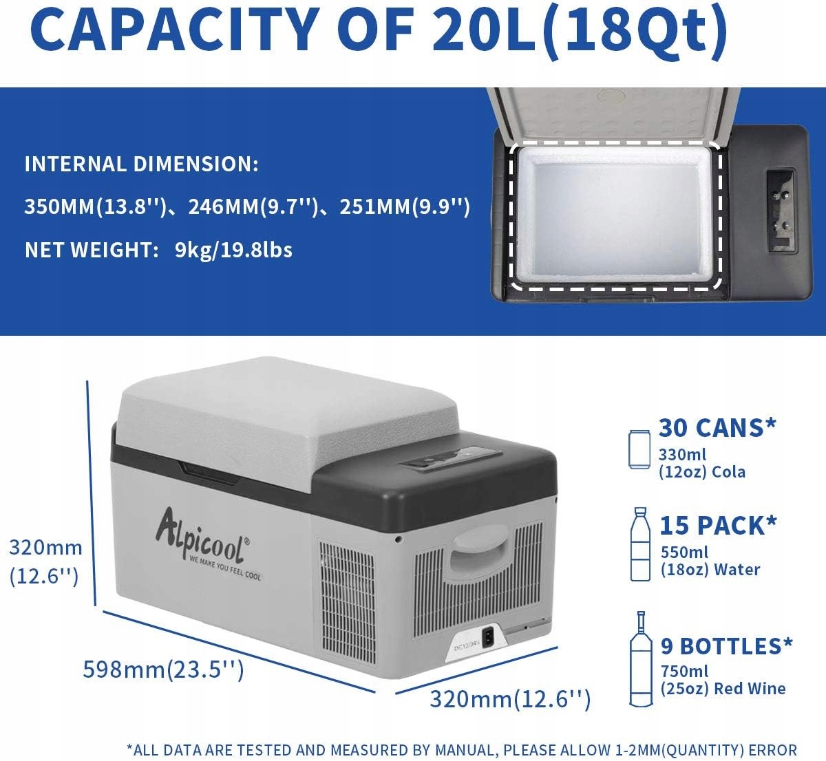 Przenośna lodówka turystyczna z zamrażarką Alpicool C20 Rodzaj elektryczne