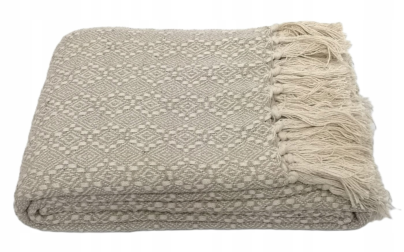 Koc bawełniany Liv 150x200 narzuta boho dwustronna frędzle beżowy ecru