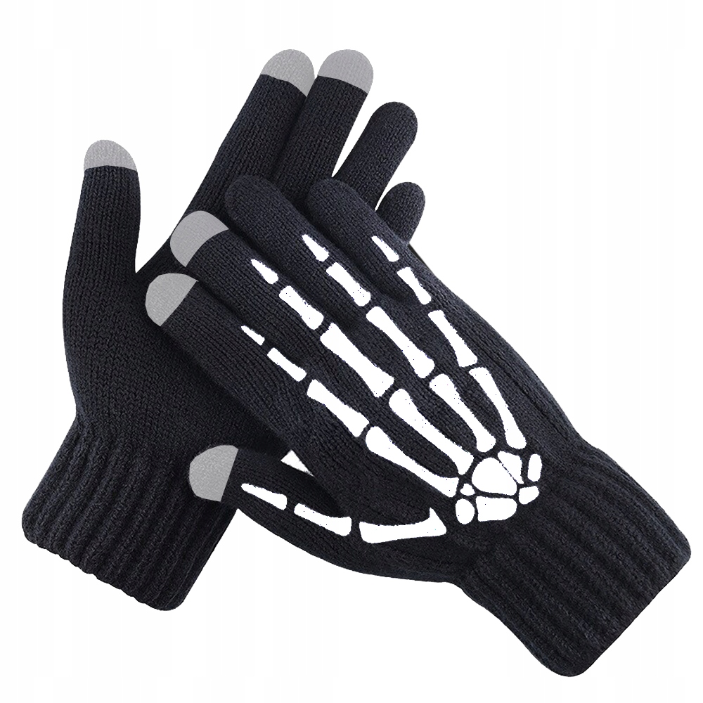 UNIWERSALNE RĘKAWICZKI PIĘCIOPALCZASTE DO SMARTFONA KOŚCI ŚWIECĄCĄ NOCĄ Kolor czarny