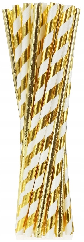 SŁOMKI PAPIEROWE BIAŁE W ZŁOTE PASKI 10 SZT