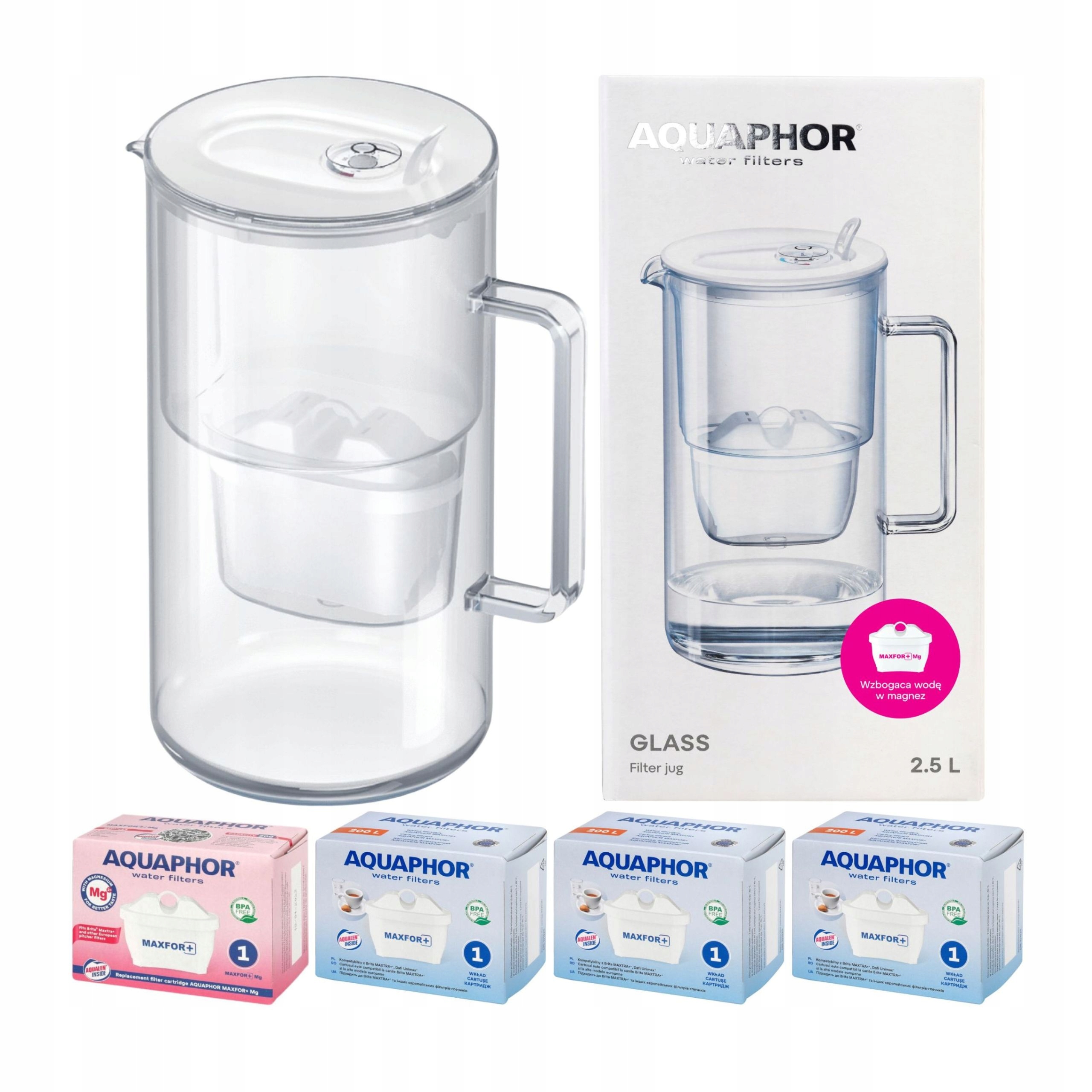 Skleněná filtrační konvice Aquaphor Glass bílá 4 filtry (1 mg+3)