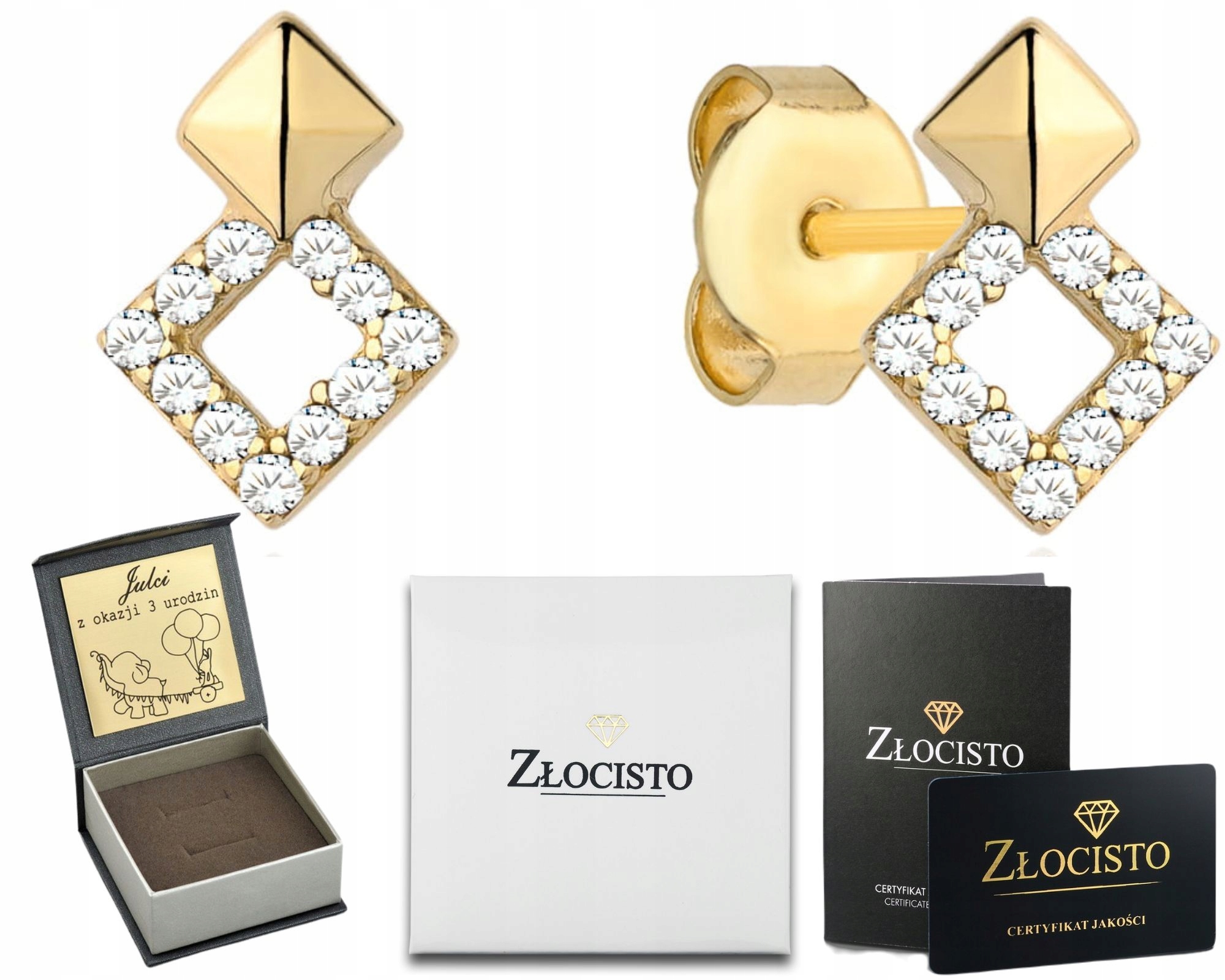 Zlaté Náušnice Se Dvěma Kosočtverci A Zirkony 585 Gravírování