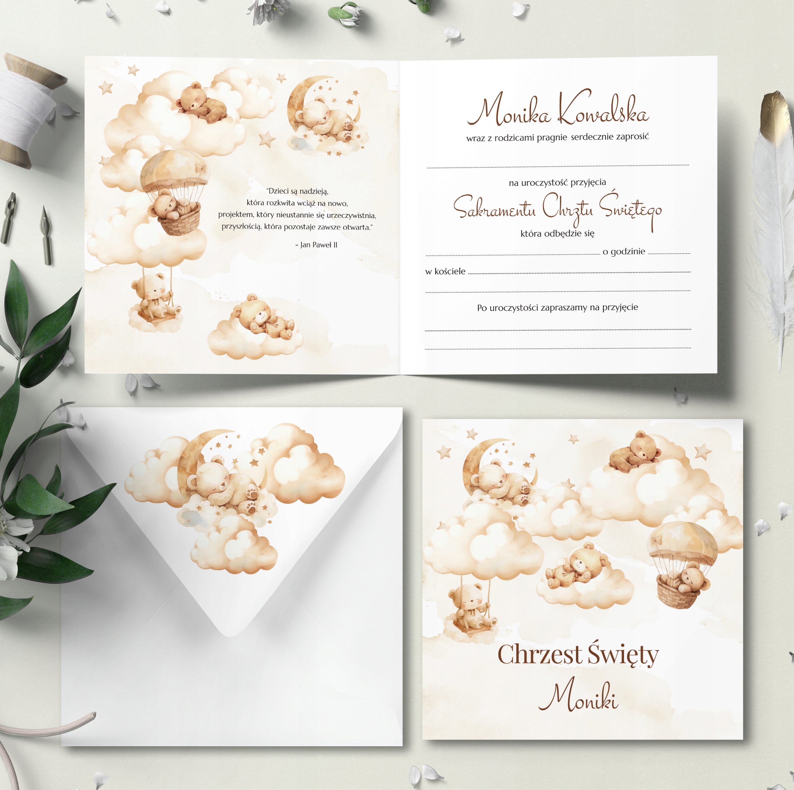 Zaproszenia Na Chrzest z kopertą + Imię Dziecka Personalizowane Marka bez marki