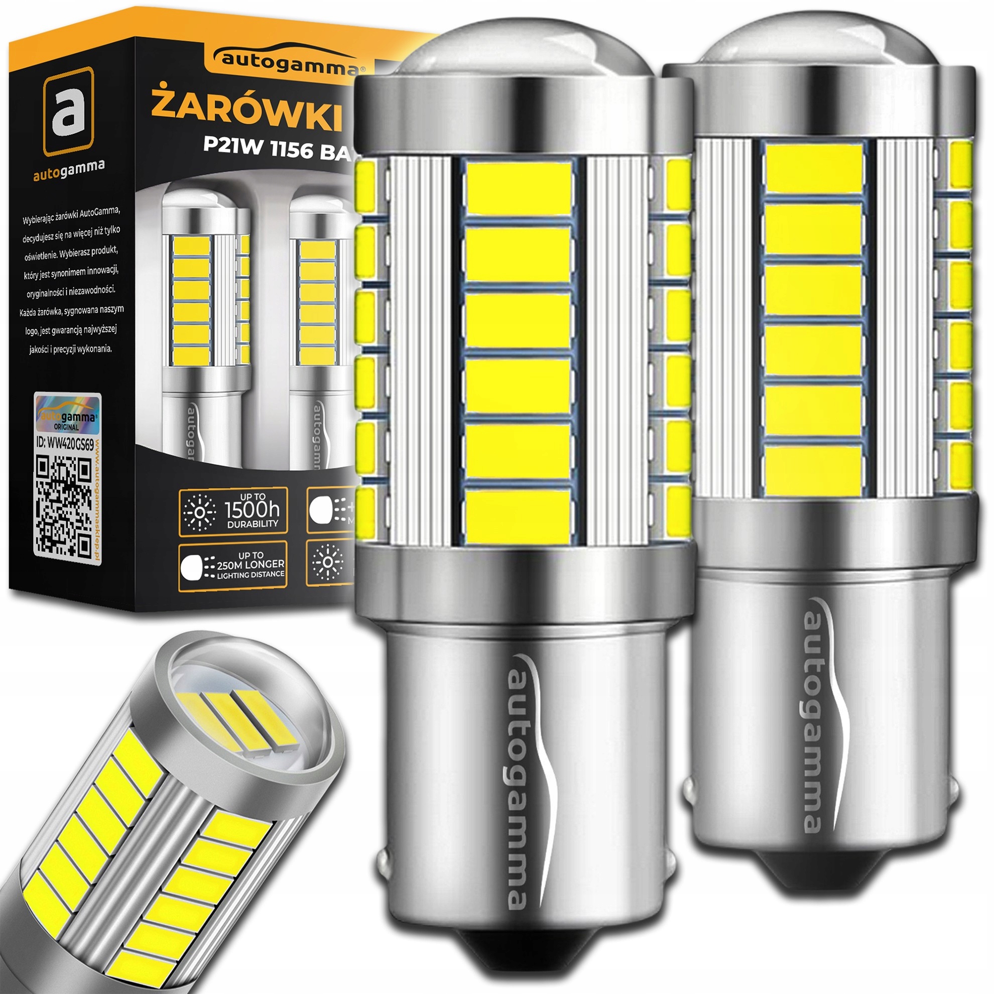Żarówka Samochodowa P21W 1156 BA15S 33 x Led Smd Biała Wsteczna 2 szt.