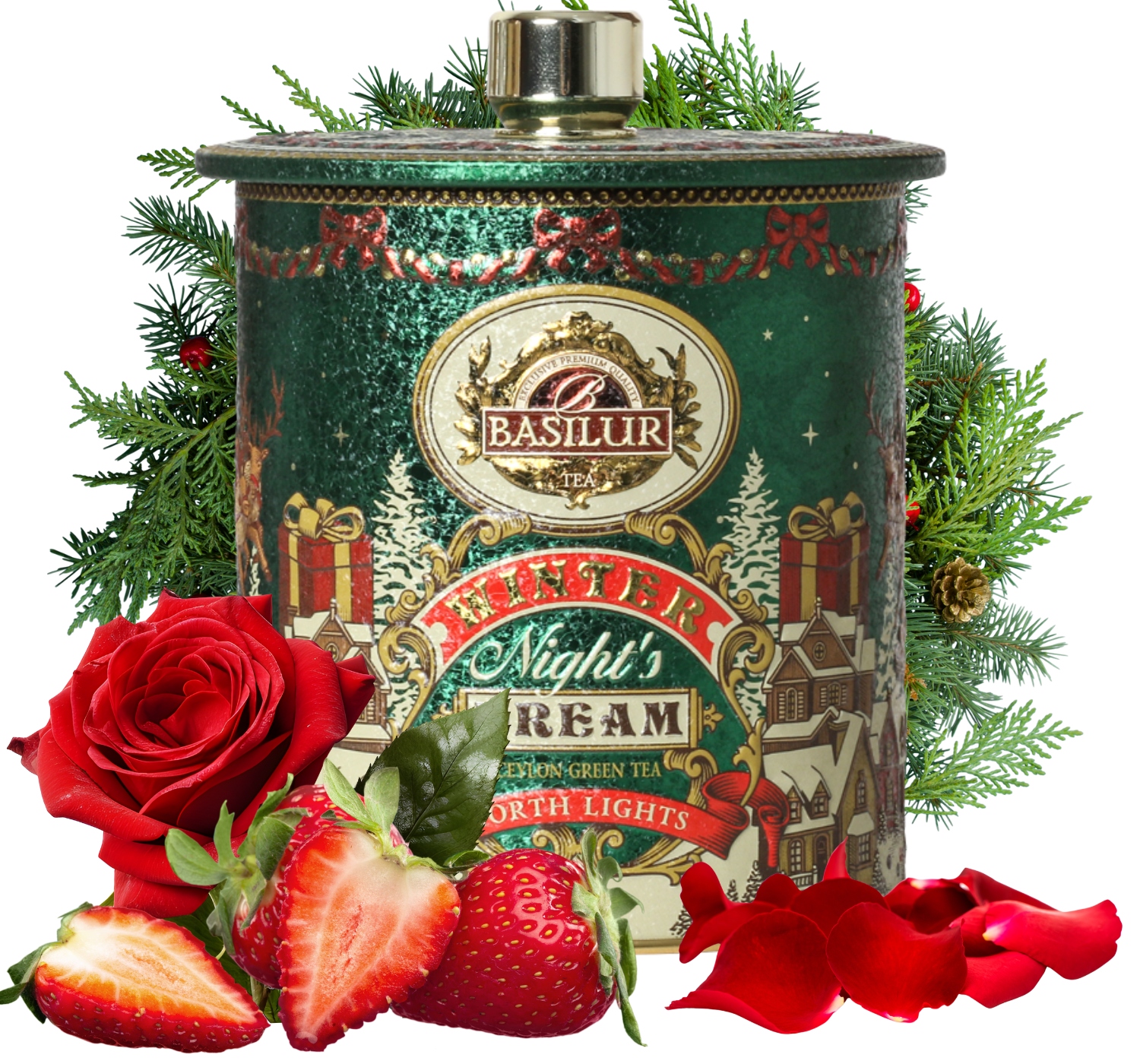 Basilur North Lights čaj zelený Růžový list Vánoční plechovka 100 g