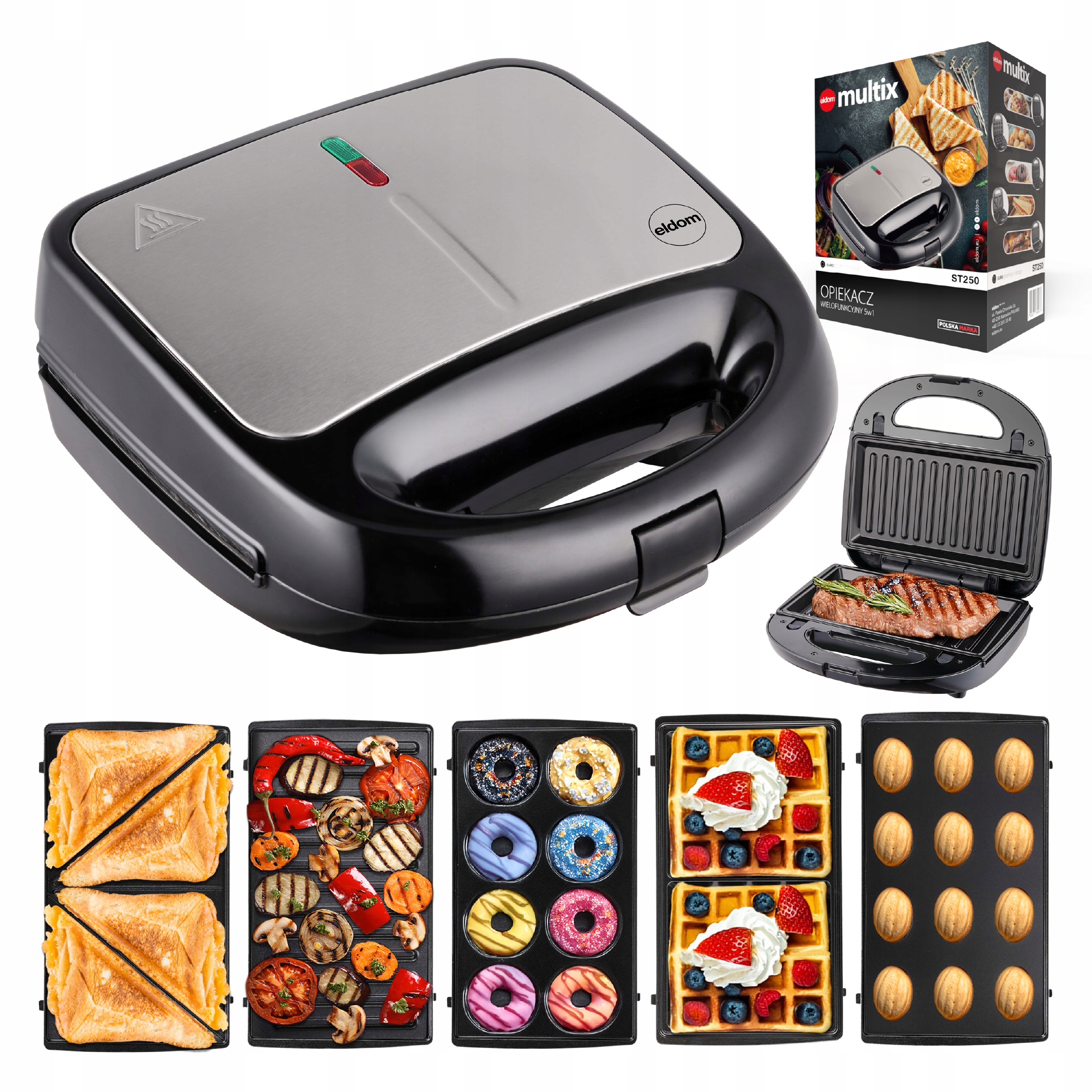 Opiekacz wielofunkcyjny ST250 Eldom 5 w 1 Tosty Grill Gofry Orzeszki Donaty