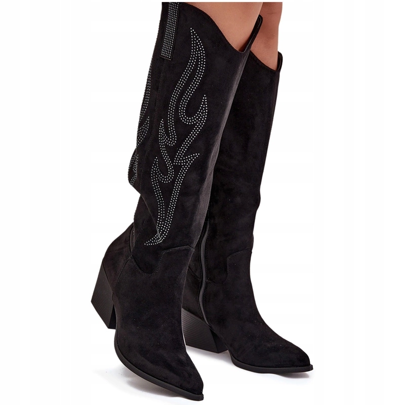 Kozačky Kovbojské Boty Eko Semišové Zdobení Ke Kolenům Zasouvací Černé 38