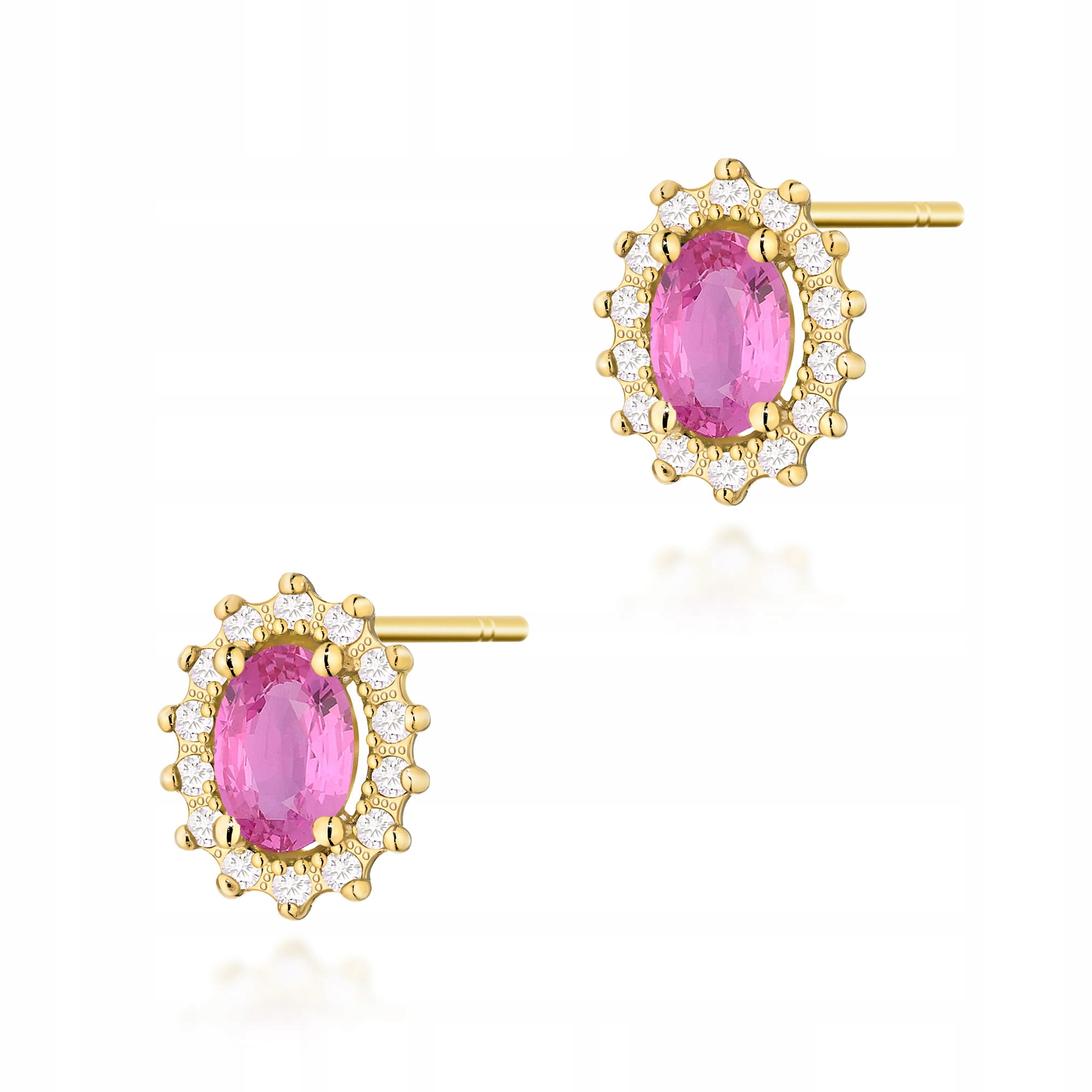 Zlaté náušnice 585 s růžovým safírem a diamanty na tyčince 2 g