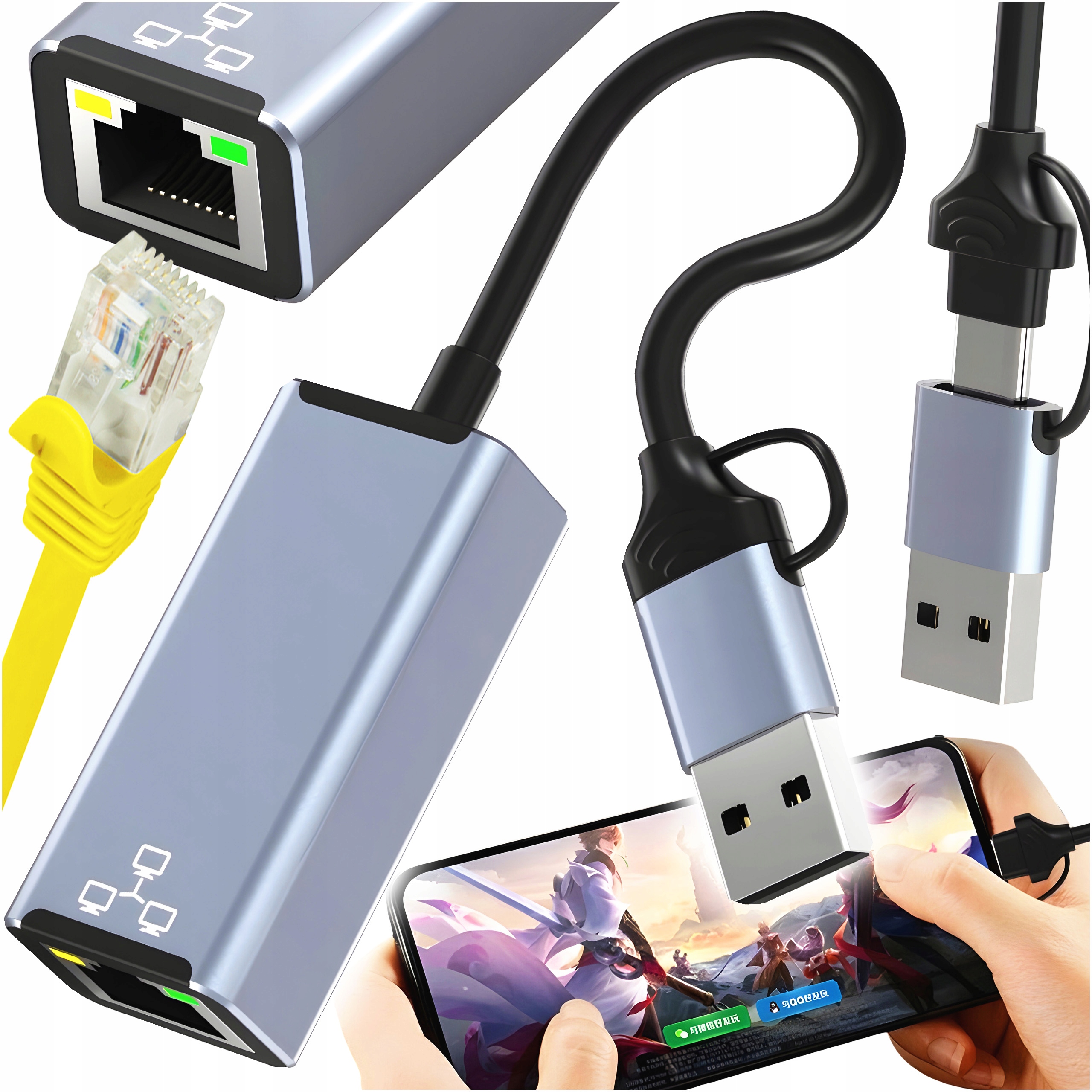 Externí síťová karta LAN Ethernet RJ45 USB C / USB A, 2 v 1, 100 Mb/s ...